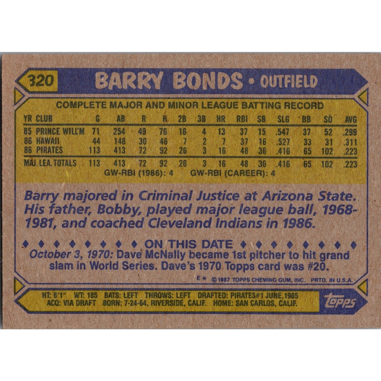 Back view of 1987 Topps Barry Bonds rookie card #320 featuring Pittsburgh Pirates statistics and player information
