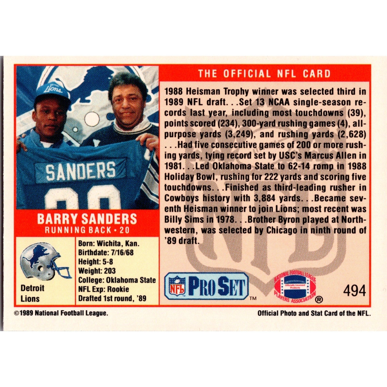 Back of 1989 Pro Set Barry Sanders rookie card #494 showing player biography and rookie season details
