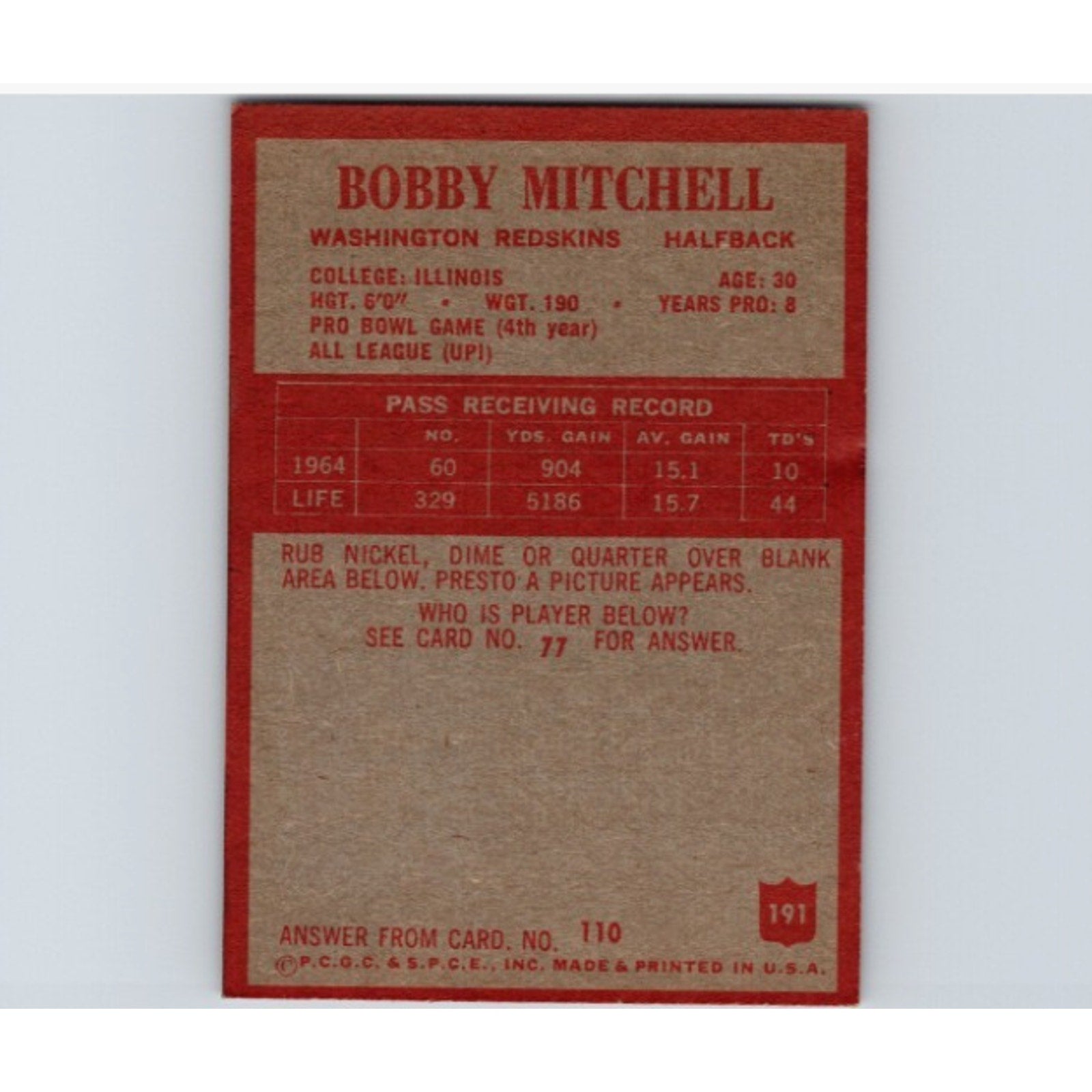 Back view of 1965 Philadelphia Bobby Mitchell #191 football card showing player statistics and details