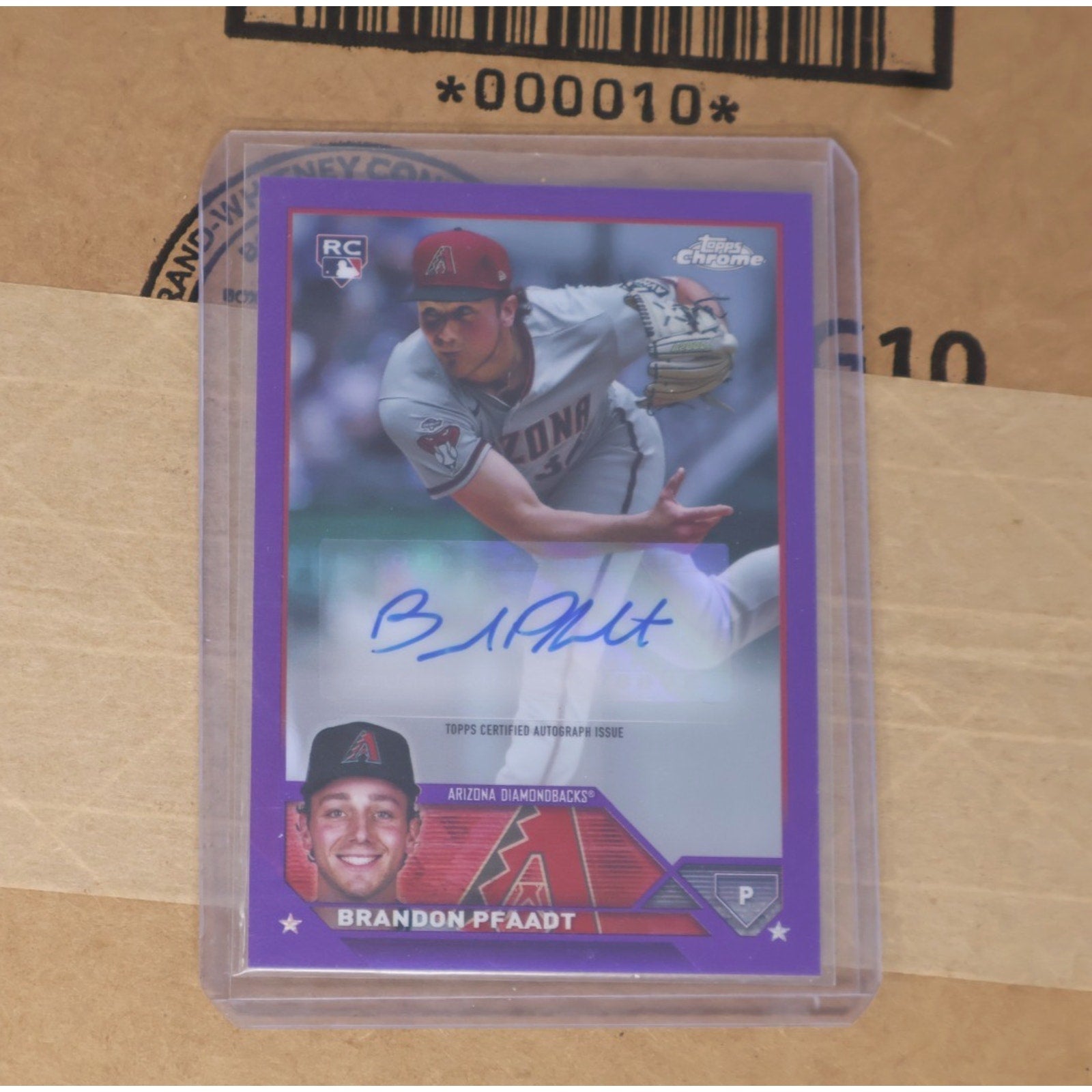 2023 Topps Chrome Brandon Pfaadt Rookie Auto Purple Refractor card numbered to 250 featuring Arizona Diamondbacks pitcher