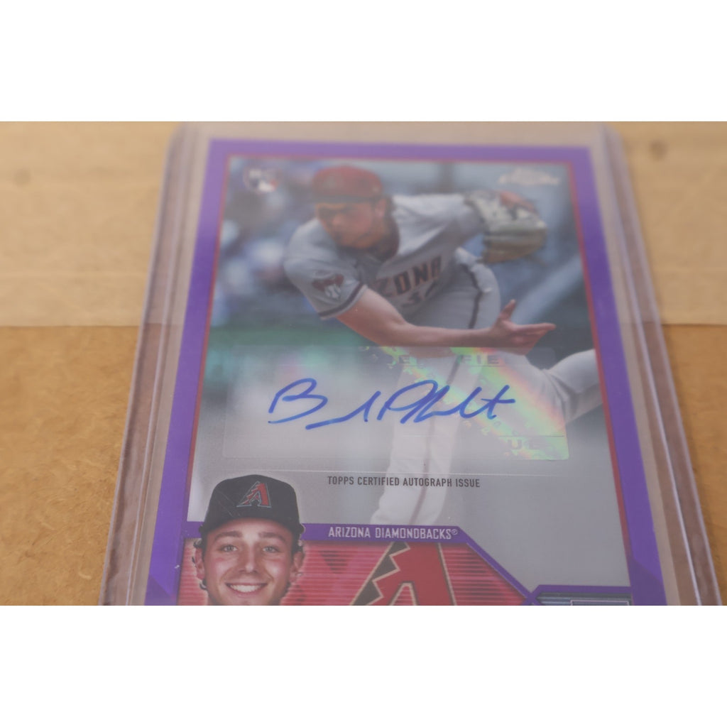 Close-up of Brandon Pfaadt autograph on 2023 Topps Chrome Purple Refractor rookie card collectible