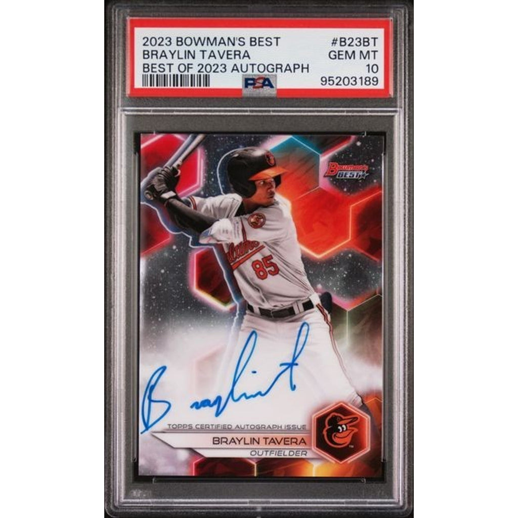 2023 Bowman’s Best Braylin Tavera autograph rookie card #B23-BT graded PSA 10 featuring Baltimore Orioles prospect