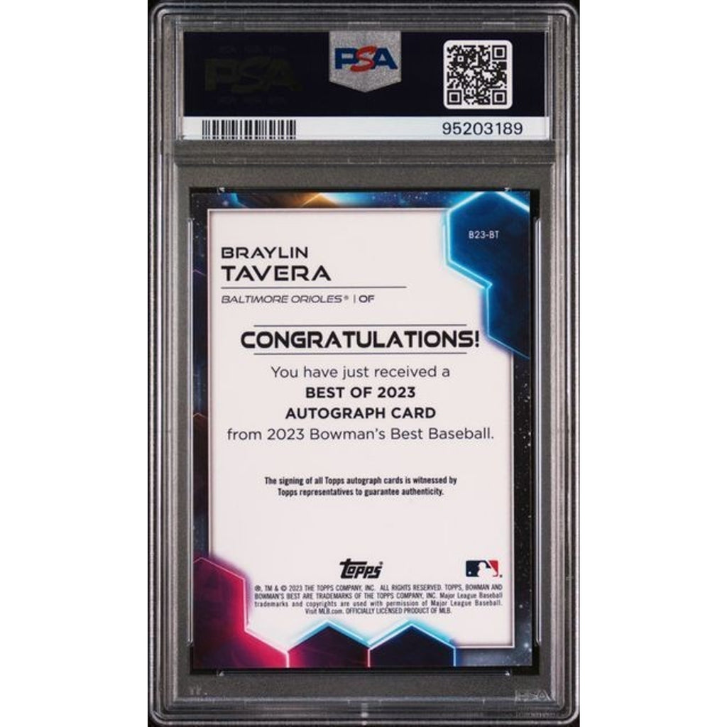 Back view of PSA 10 graded 2023 Bowman’s Best Braylin Tavera autograph card #B23-BT