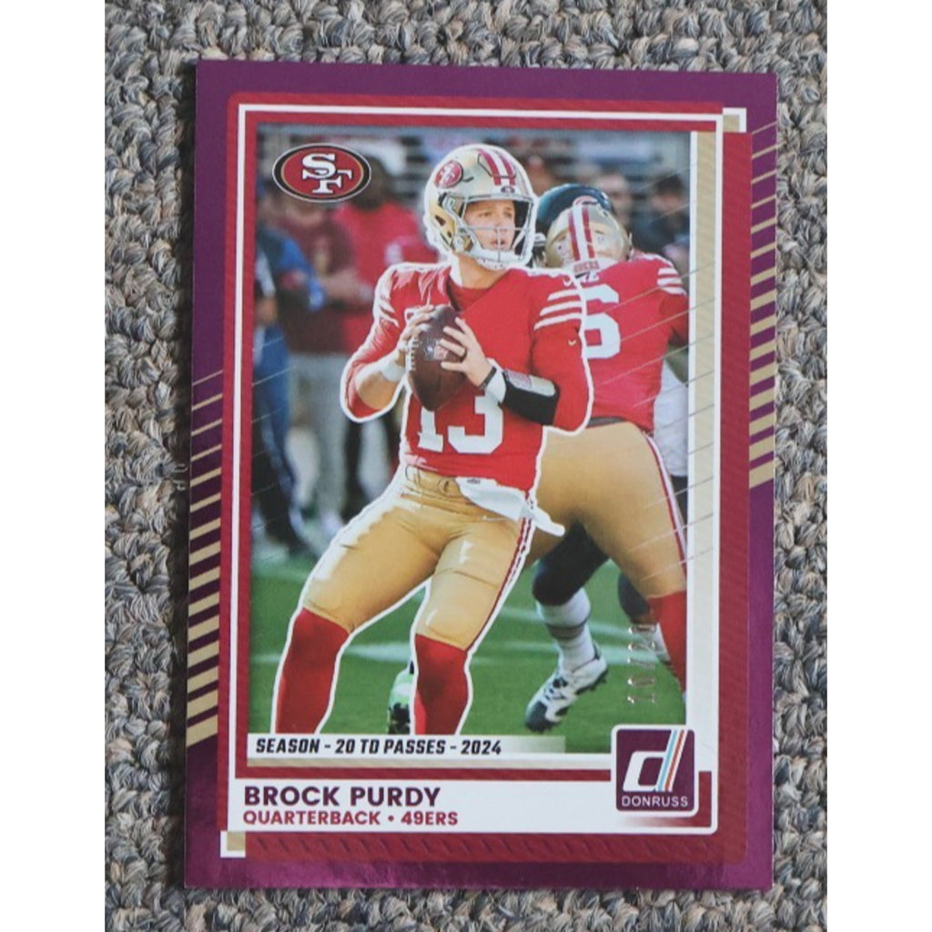 2025 Donruss Brock Purdy Purple Press Proof card #46 numbered 10 of 20 featuring San Francisco 49ers quarterback