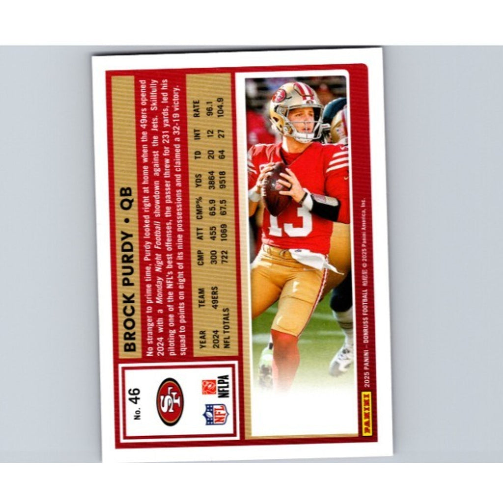Back view of 2025 Donruss Brock Purdy Purple Press Proof football card #46 /20