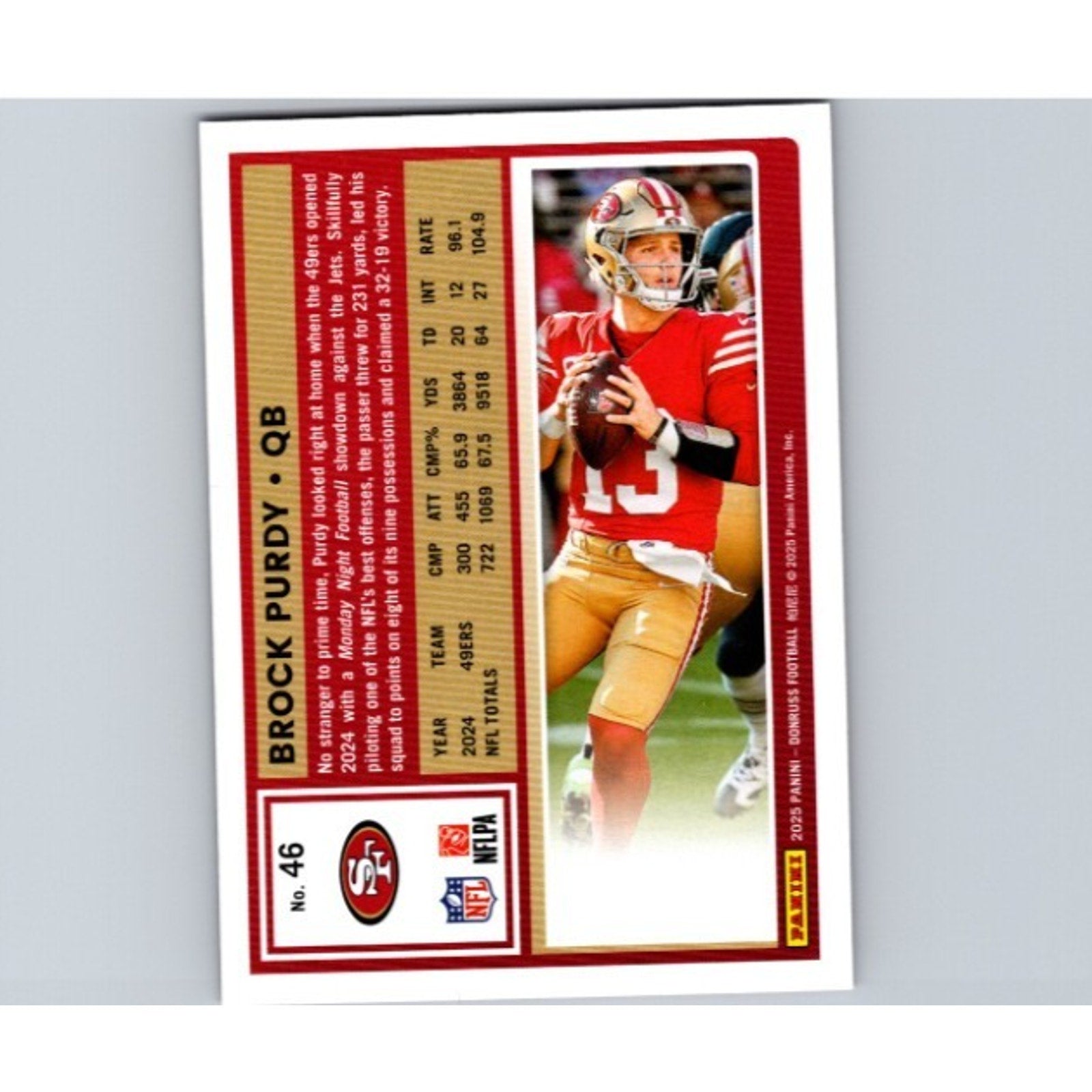 Back view of 2025 Donruss Brock Purdy Purple Press Proof football card #46 /20