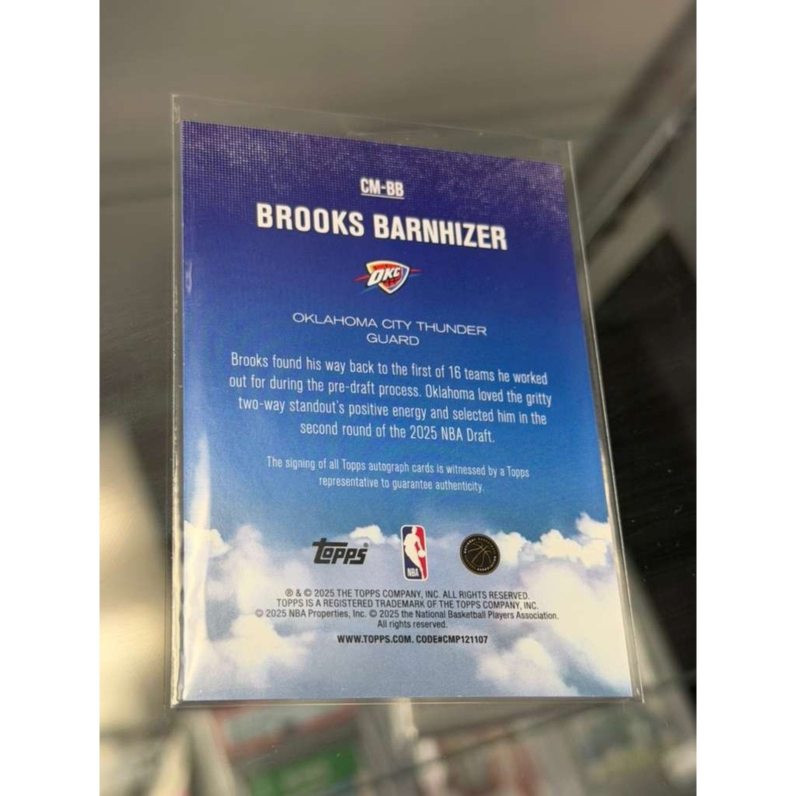 2025 Topps Brooks Barnhizer Rookie Autograph Card CM-BB card back displaying player information and certified autograph details