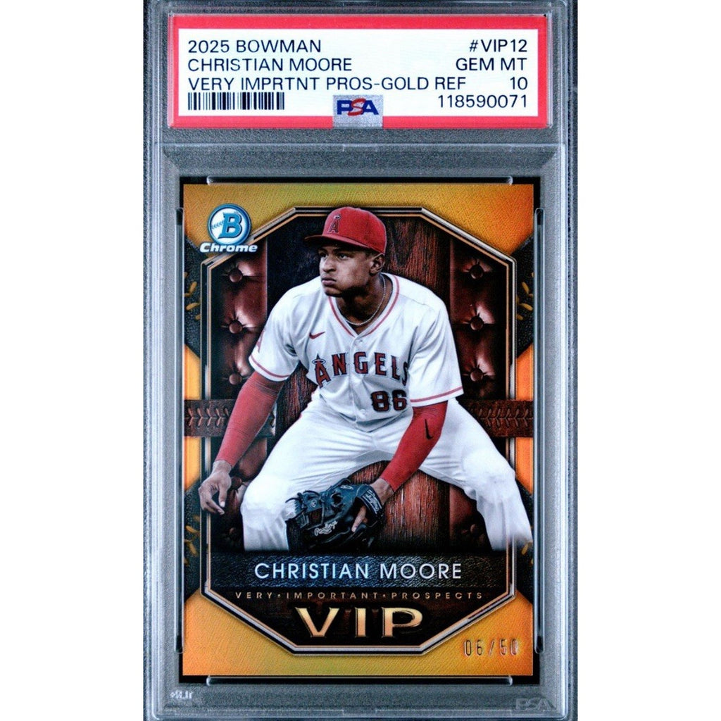 2025 Bowman Chrome VIP Christian Moore Gold Refractor #VIP-12 /50 PSA 10 rookie baseball card front view