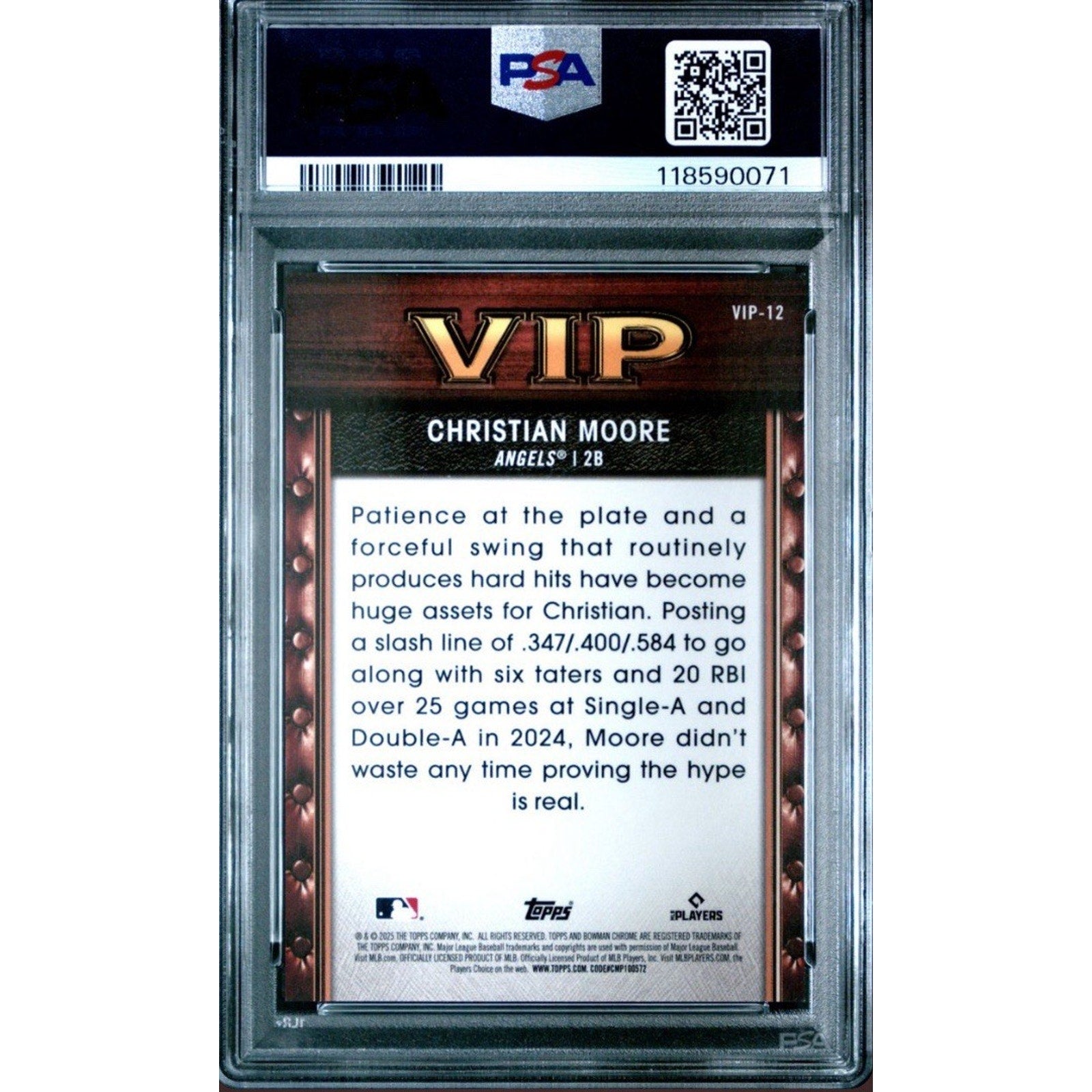 Back view of 2025 Bowman Chrome VIP Christian Moore Gold Refractor baseball card graded PSA 10 for Los Angeles Angels collectors