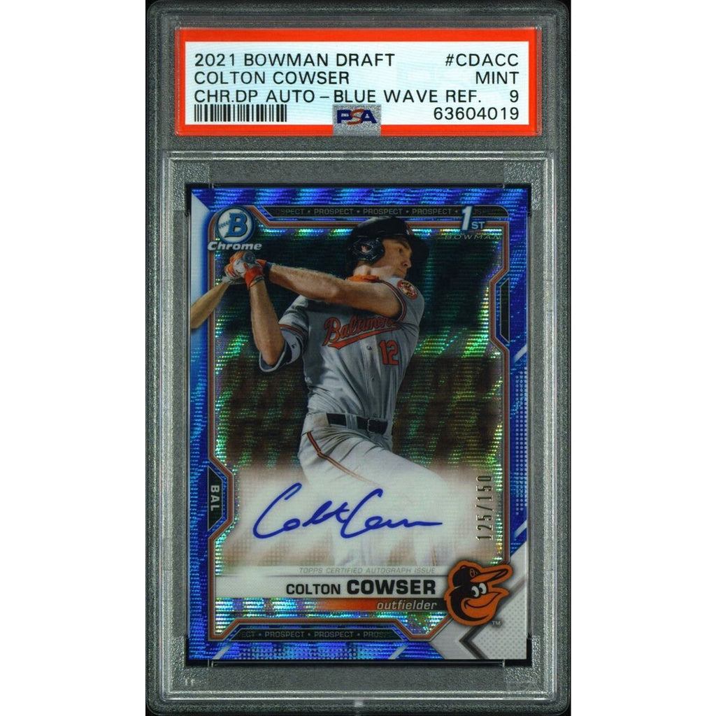 2021 Bowman Chrome Colton Cowser Blue Wave Refractor autograph PSA 9 card front view