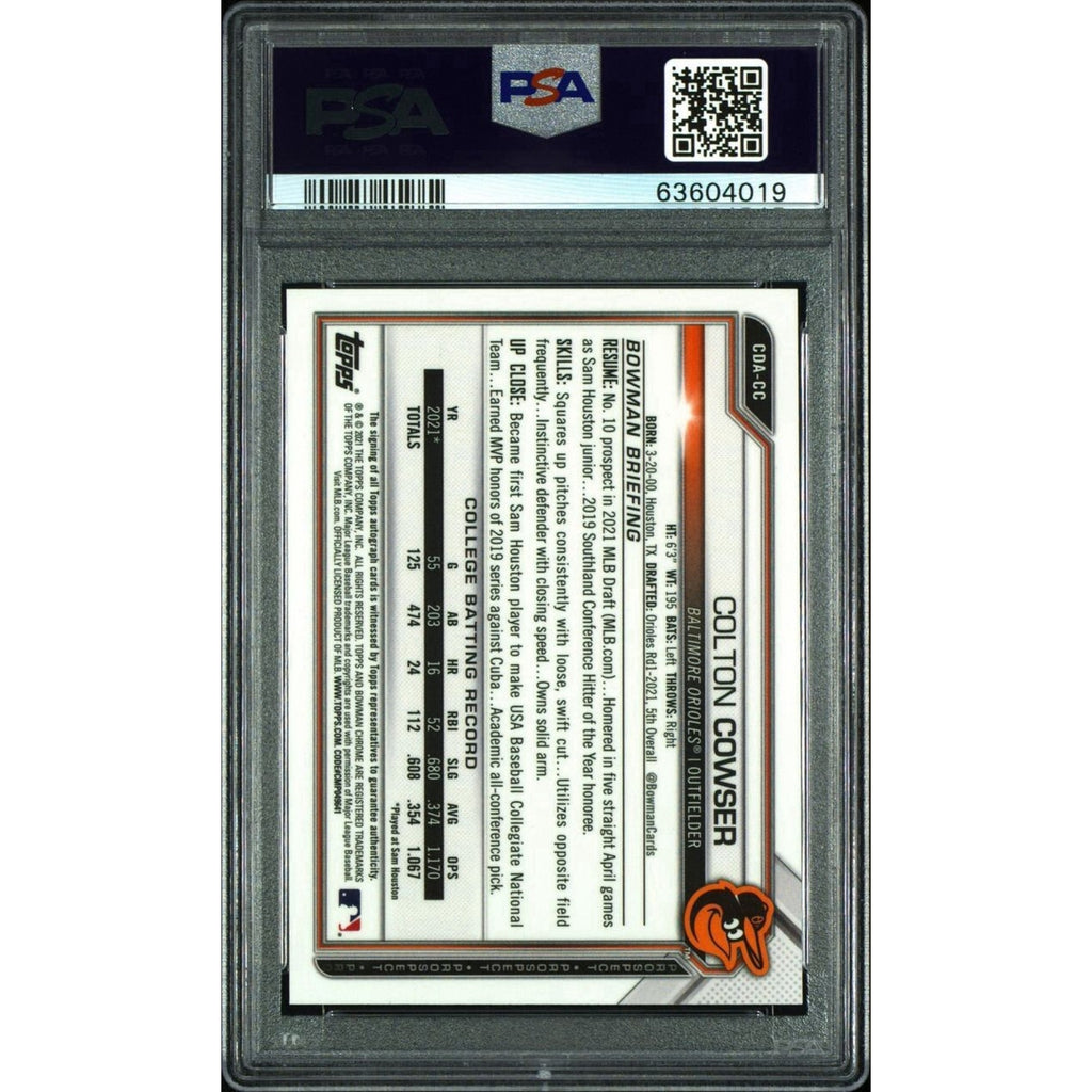 Back view of 2021 Bowman Chrome Colton Cowser Blue Wave autograph card