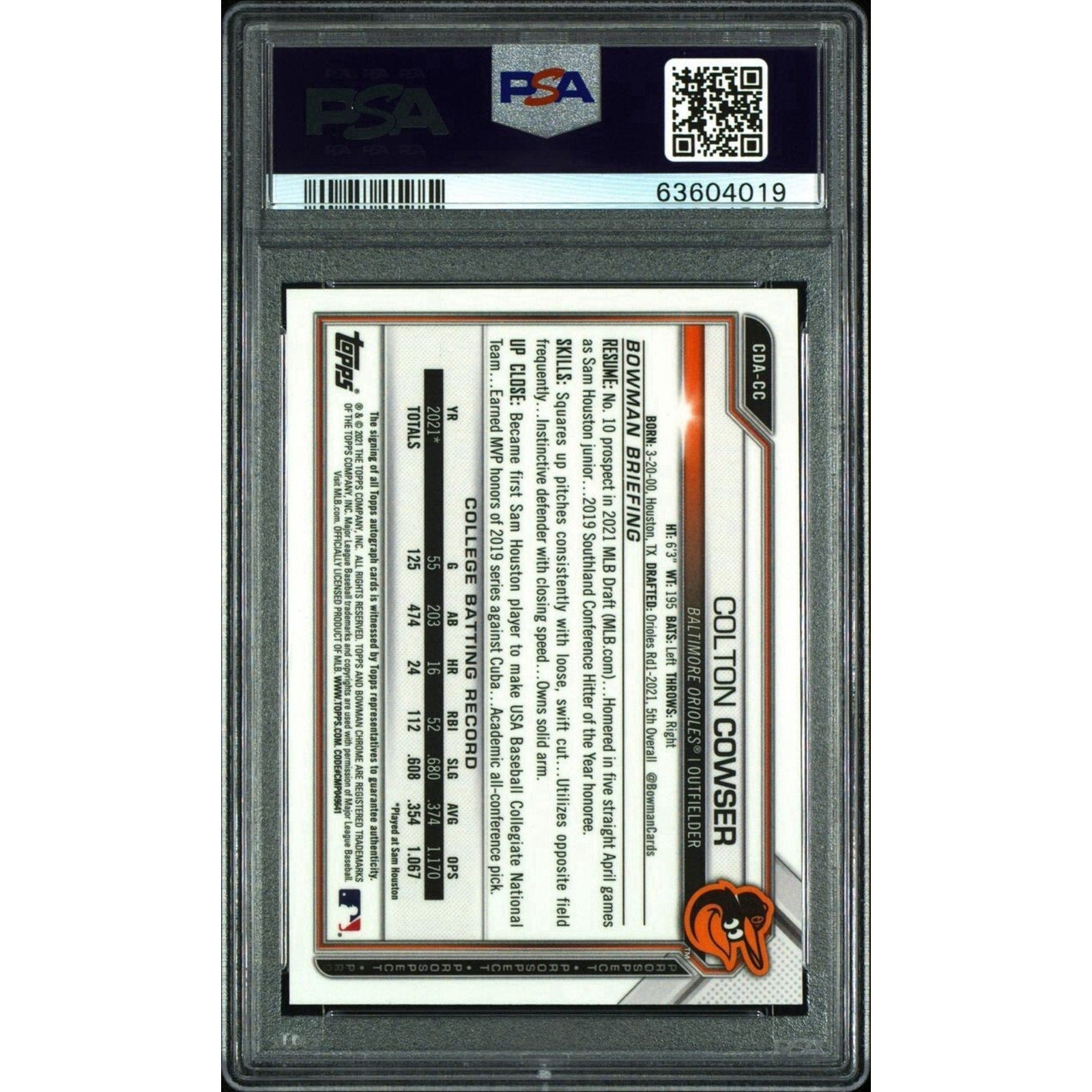 Back view of 2021 Bowman Chrome Colton Cowser Blue Wave autograph card