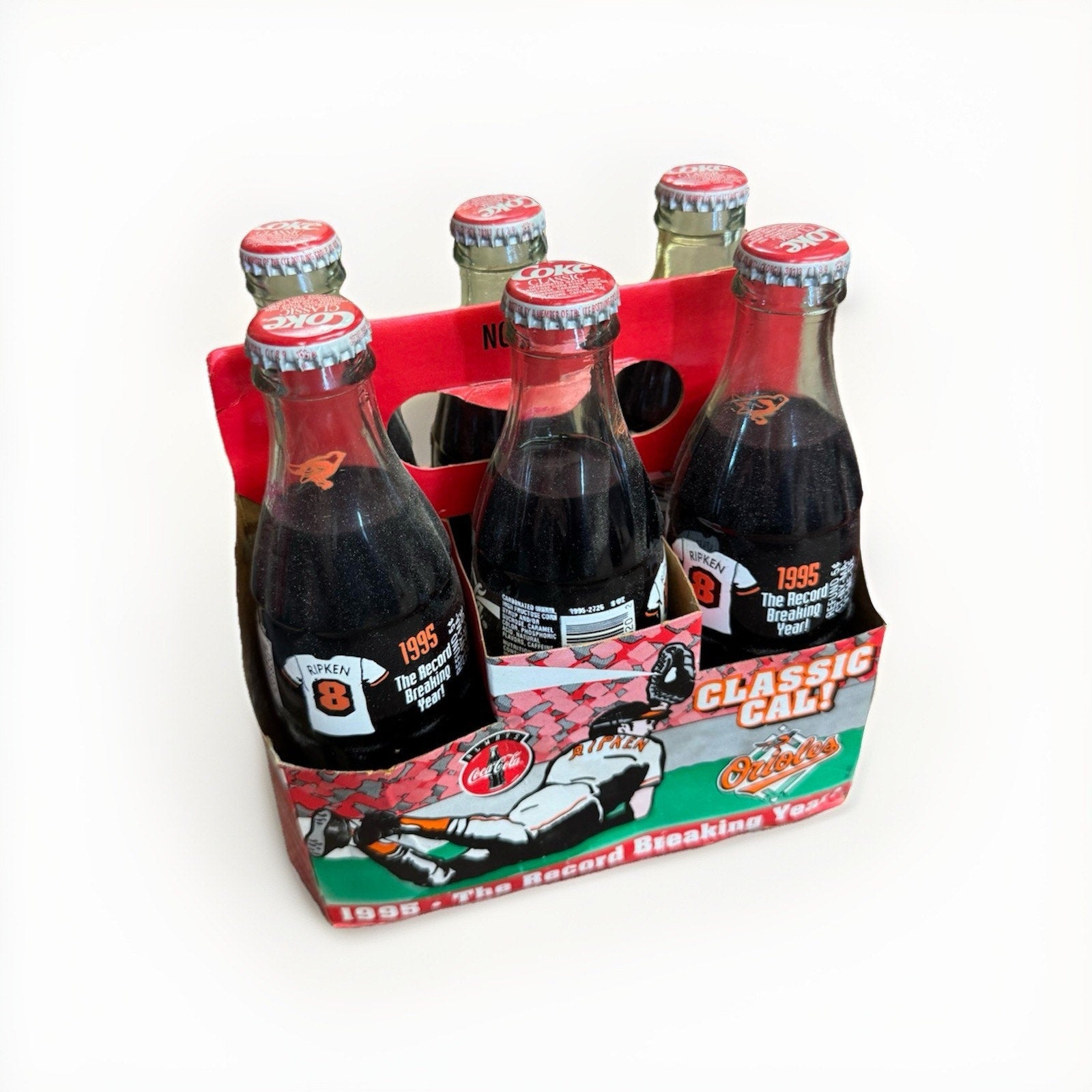 1995 Cal Ripken Jr Coca-Cola complete 6-pack bottle set with original carrier celebrating 2131 consecutive games streak