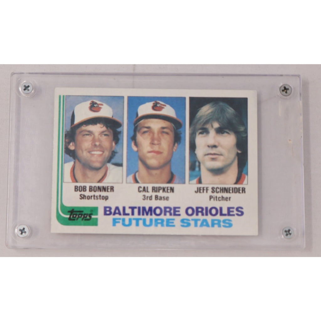 Front view of 1982 Topps #21 Baltimore Orioles Future Stars rookie card featuring Cal Ripken Jr., Bob Bonner, and Jeff Schneider
