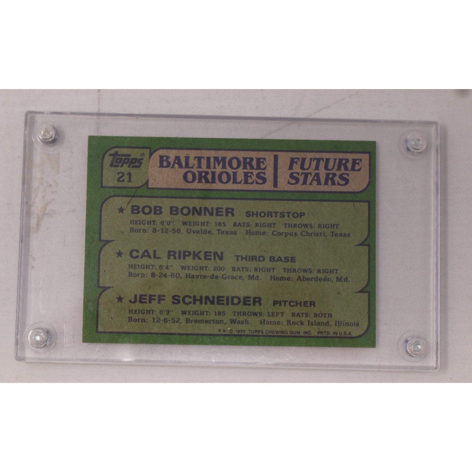 Back view of the 1982 Topps #21 Baltimore Orioles Future Stars rookie card showing player information and statistics