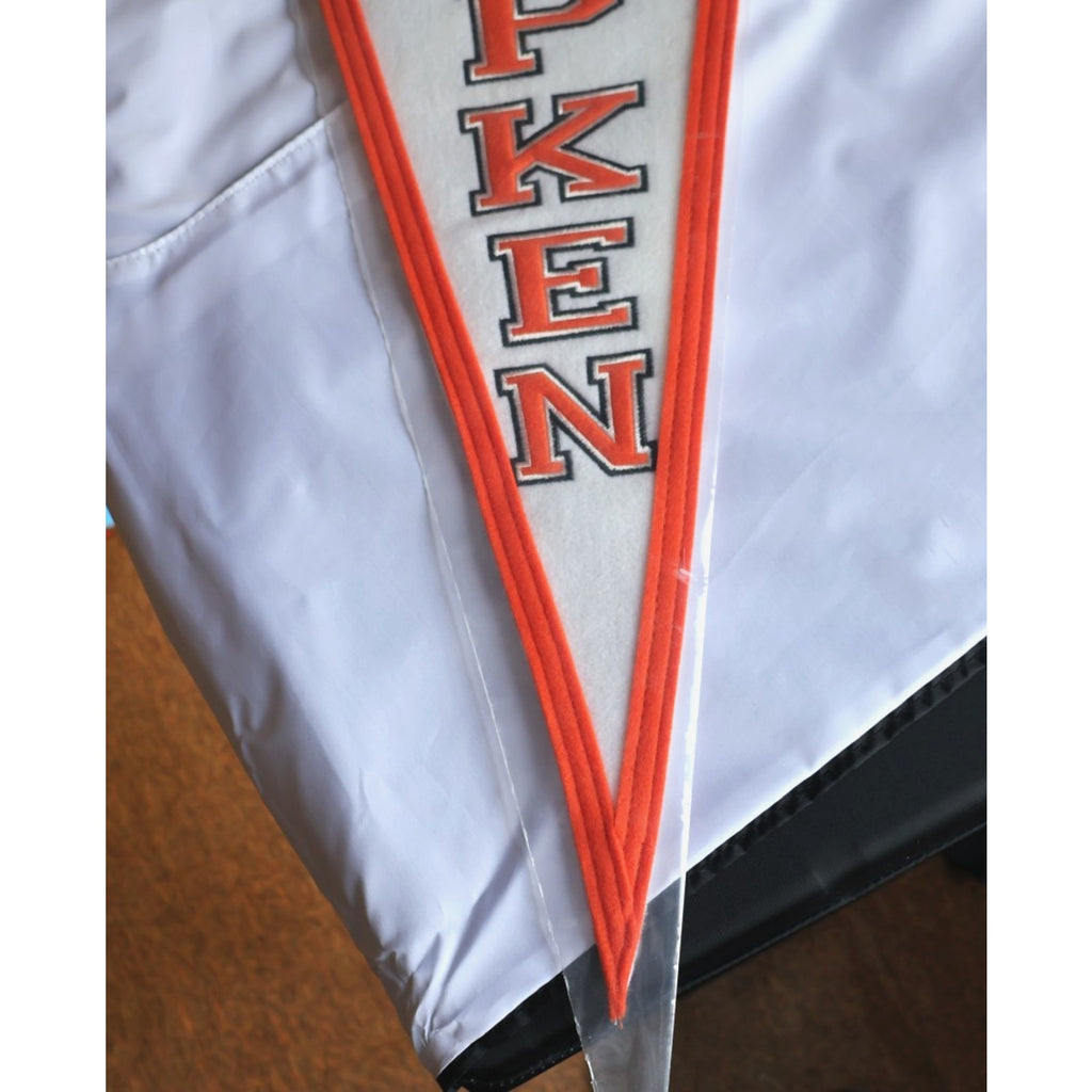 Vertical “Ripken” lettering detail on vintage Orioles pennant