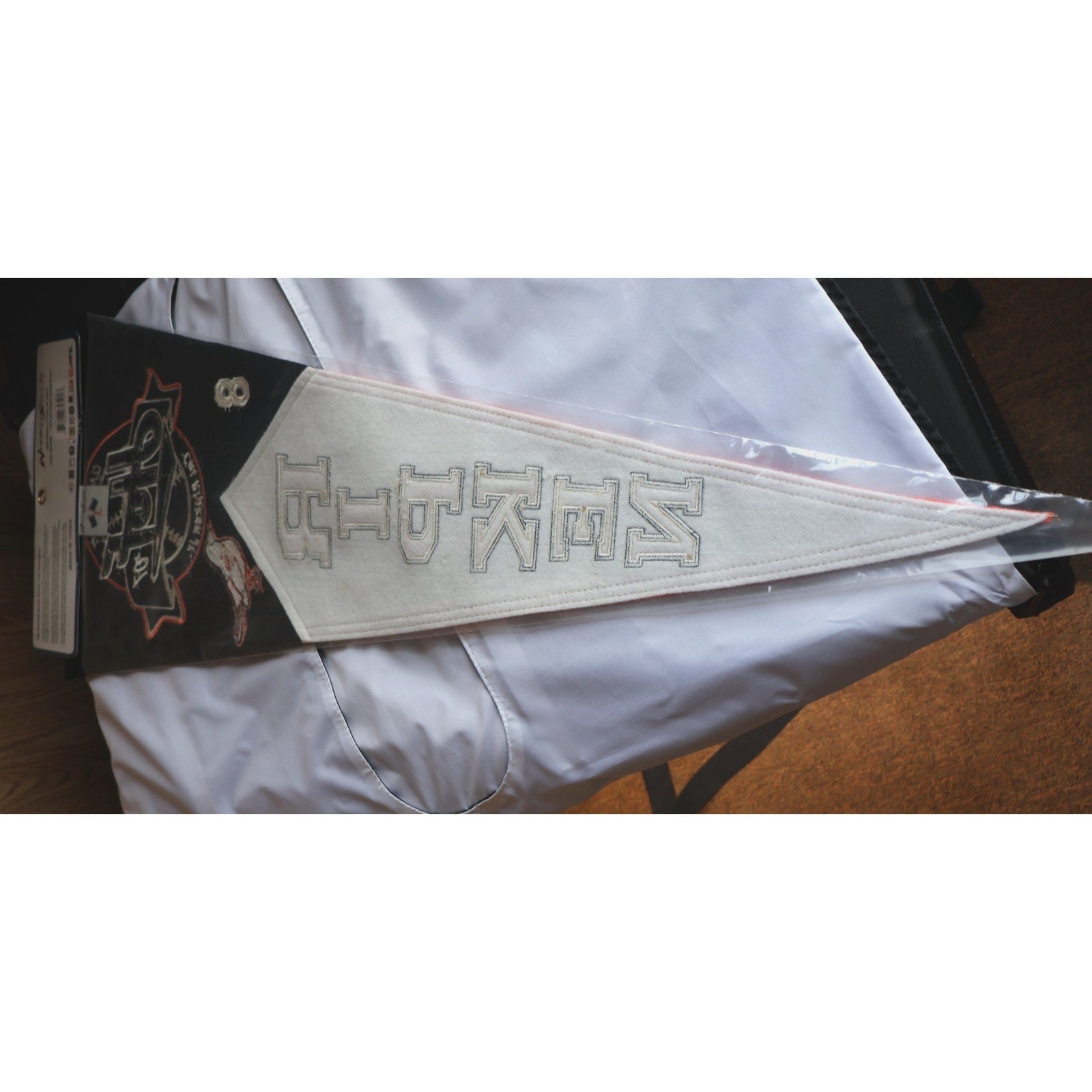Reverse side of Cal Ripken Jr wool pennant showing felt backing and stitching