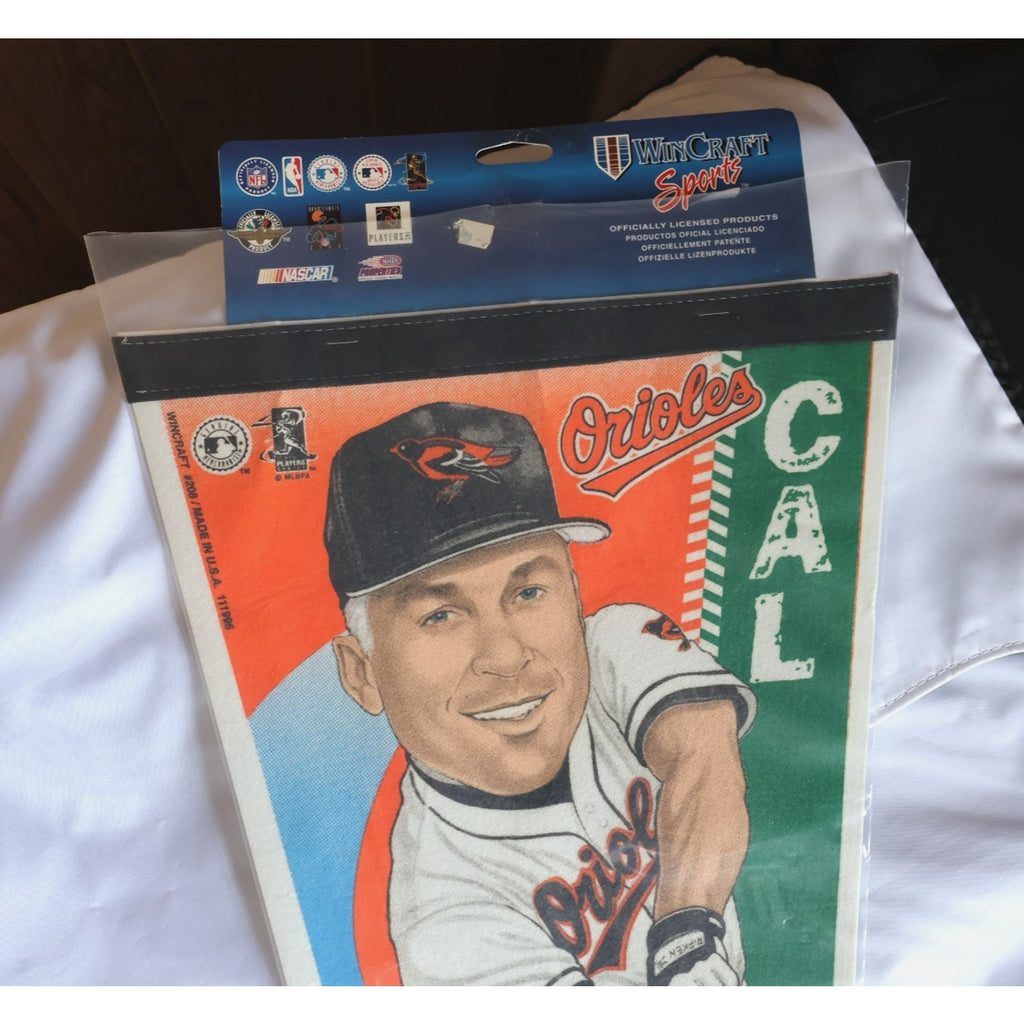 Full view of packaged Cal Ripken Jr Orioles pennant display
