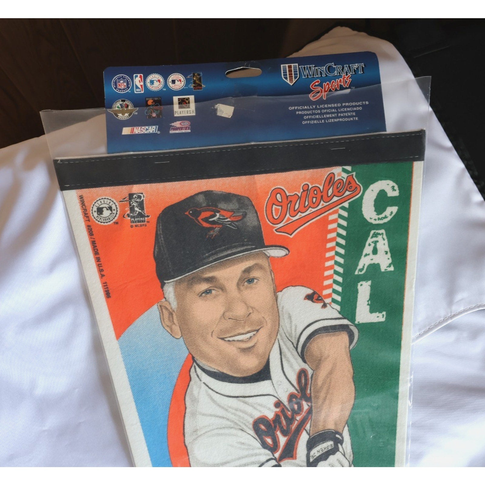 Full view of packaged Cal Ripken Jr Orioles pennant display