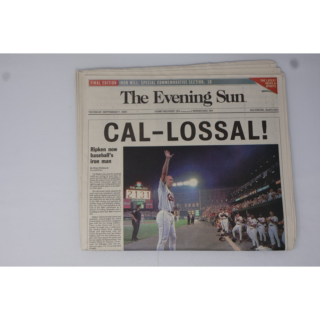 September 7 1995 The Evening Sun newspaper featuring Cal Ripken Jr and the headline CAL-LOSSAL after historic streak achievement