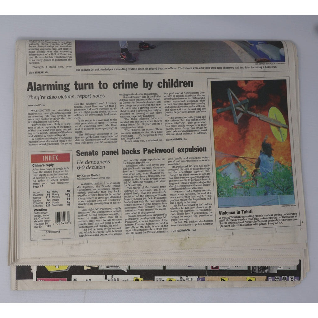 Inside article pages from September 1995 The Evening Sun covering Cal Ripken Jr consecutive games streak milestone