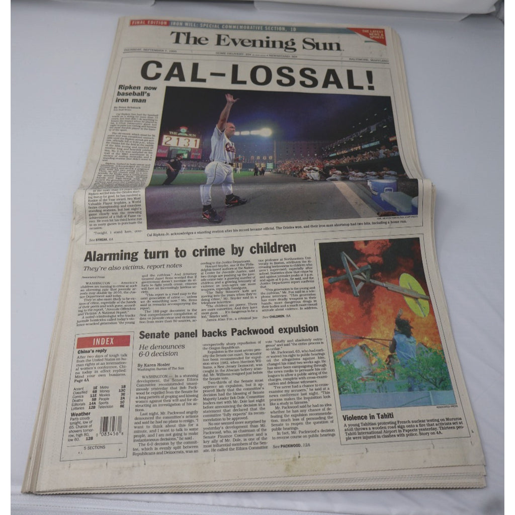 Front page view of September 7 1995 The Evening Sun Cal Ripken Jr commemorative baseball newspaper in excellent condition
