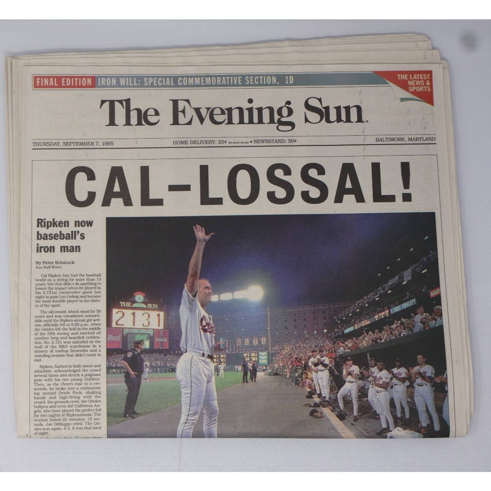 Front page headline reading “CAL-LOSSAL!” celebrating Cal Ripken Jr historic achievement