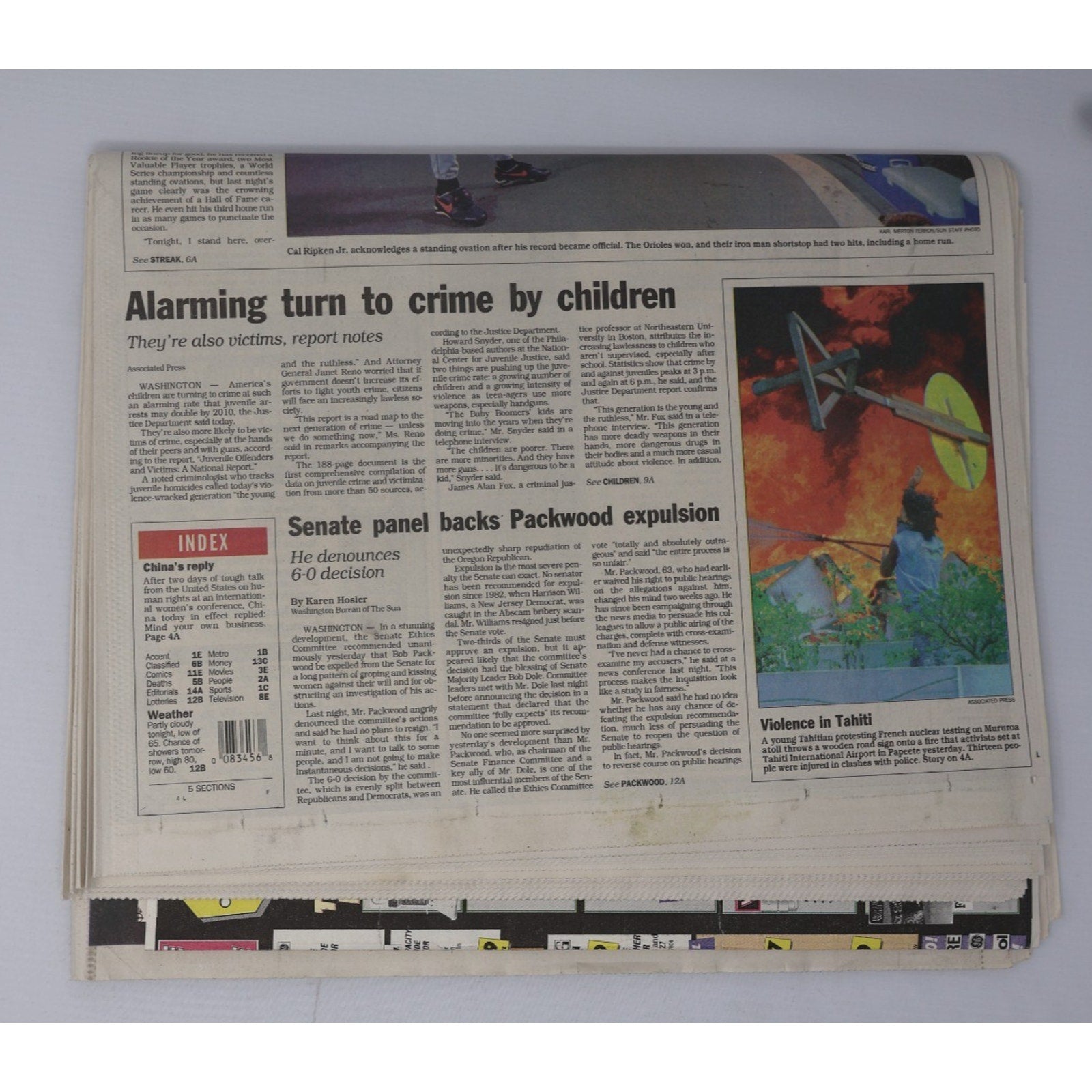 Inside Baltimore Sun article coverage featuring Cal Ripken Jr and Orioles streak celebration