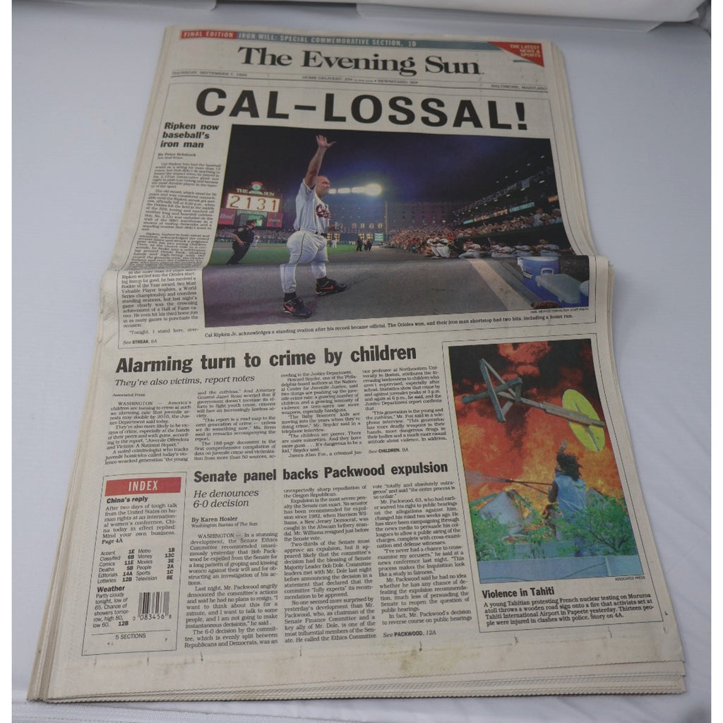 Additional Baltimore Sun newspaper edition with Cal Ripken Jr front page coverage