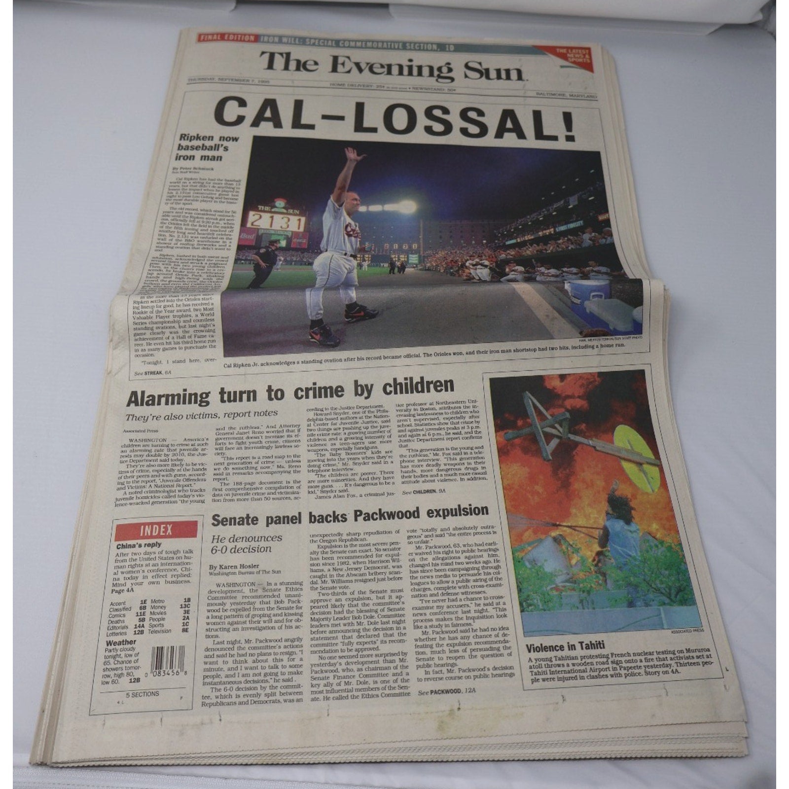 Additional Baltimore Sun newspaper edition with Cal Ripken Jr front page coverage
