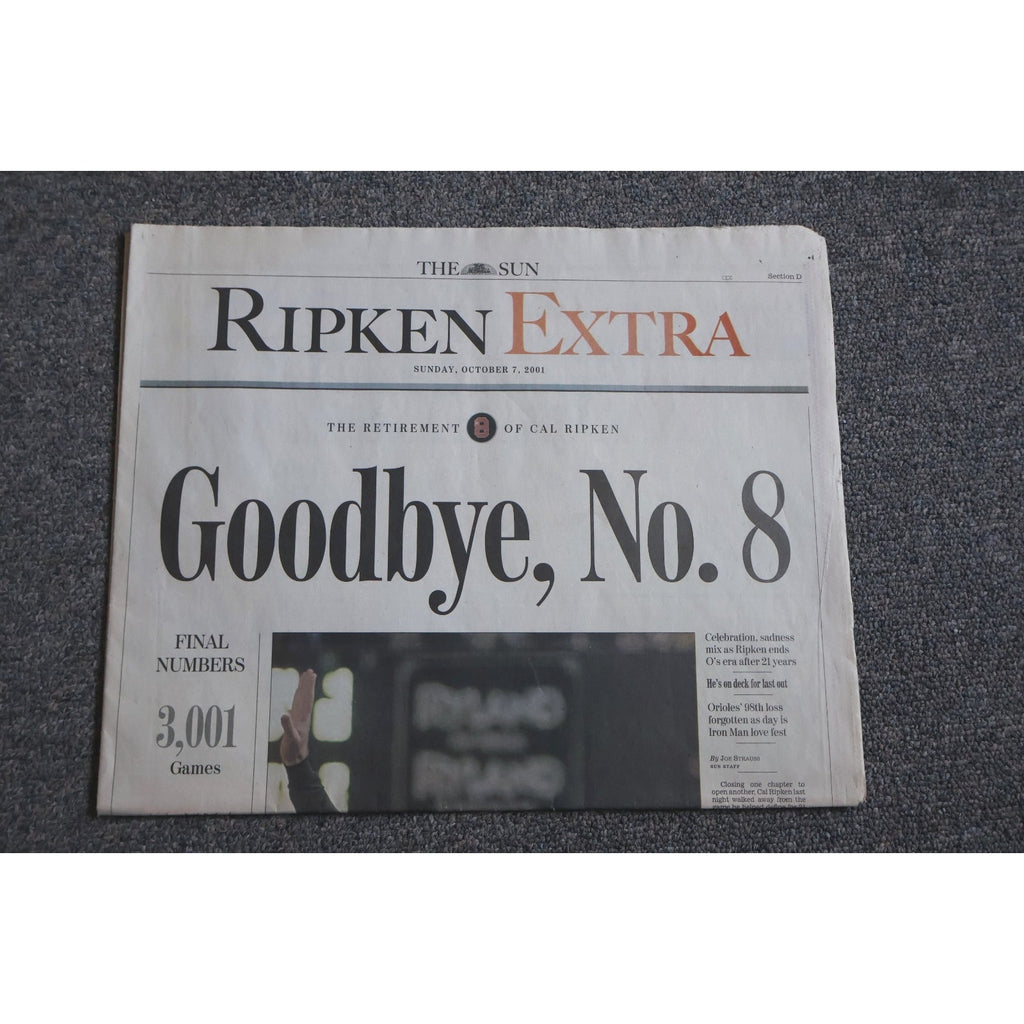 Cal Ripken Jr retirement commemorative Baltimore Sun newspaper front page featuring Goodbye No. 8 headline