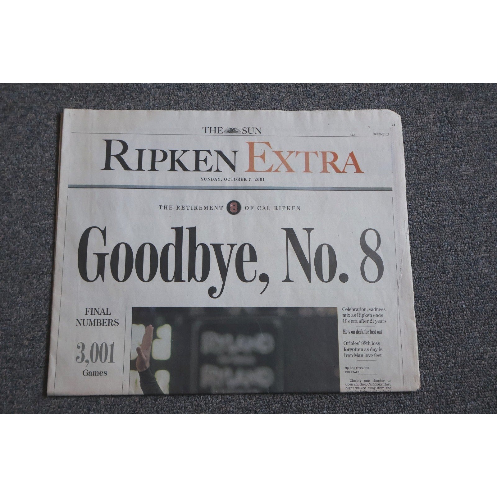 Cal Ripken Jr retirement commemorative Baltimore Sun newspaper front page featuring Goodbye No. 8 headline