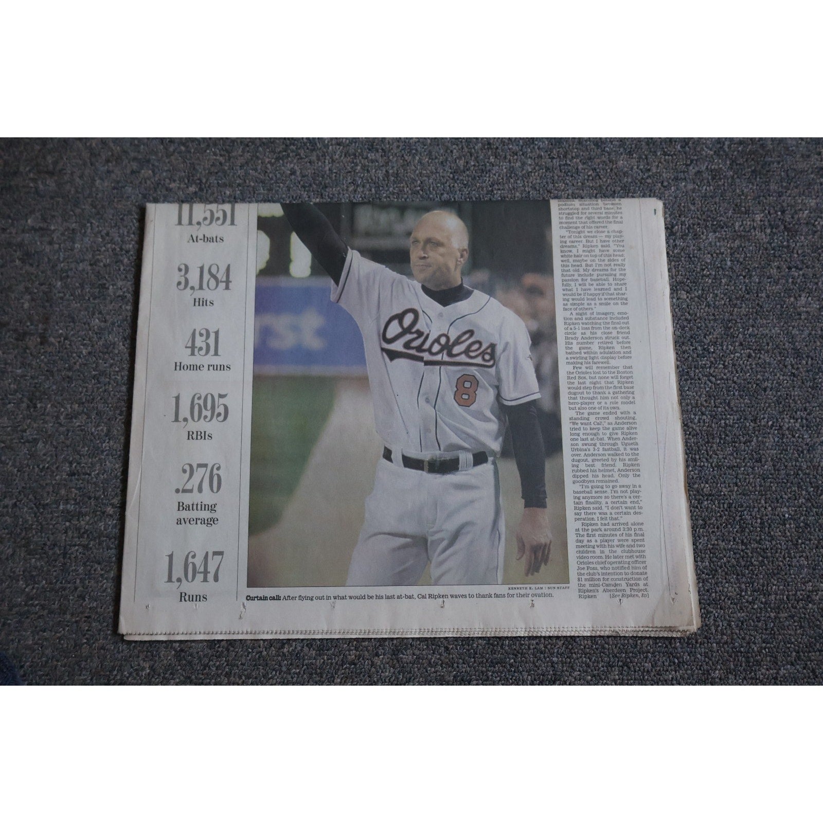 Sports section coverage of Cal Ripken Jr retirement from The Baltimore Sun newspaper collectible