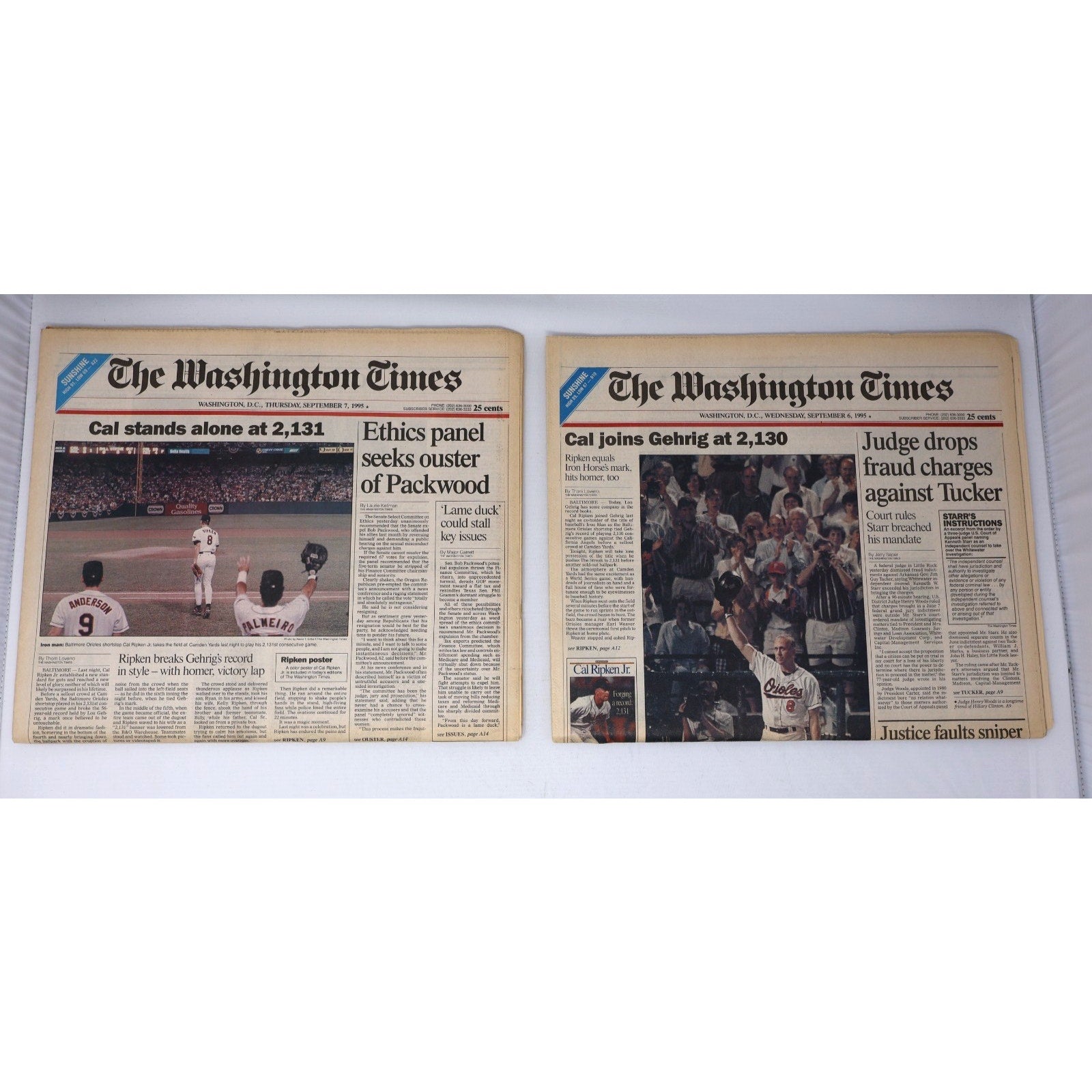 Set of two Washington Times newspapers featuring Cal Ripken Jr streak milestone headlines