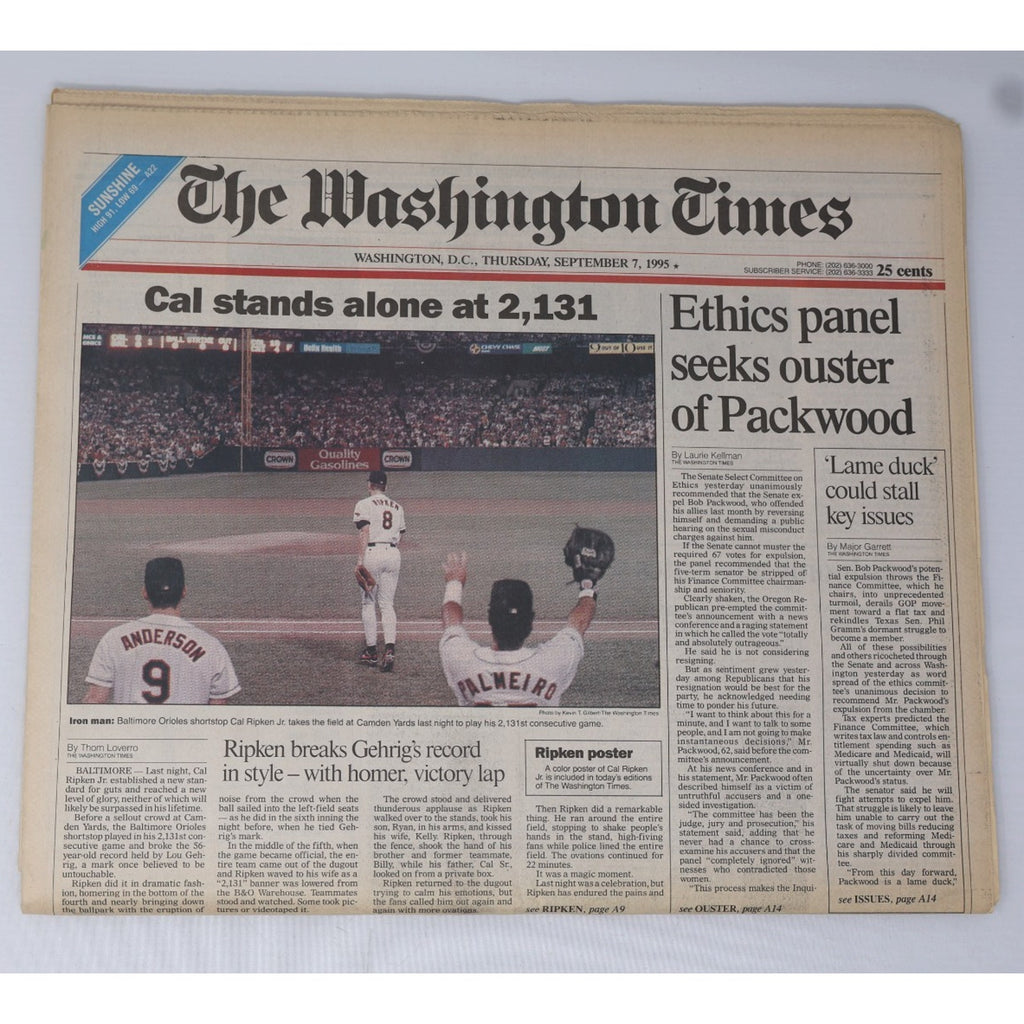 Front page newspaper covering Cal Ripken Jr tying Lou Gehrig’s consecutive games streak