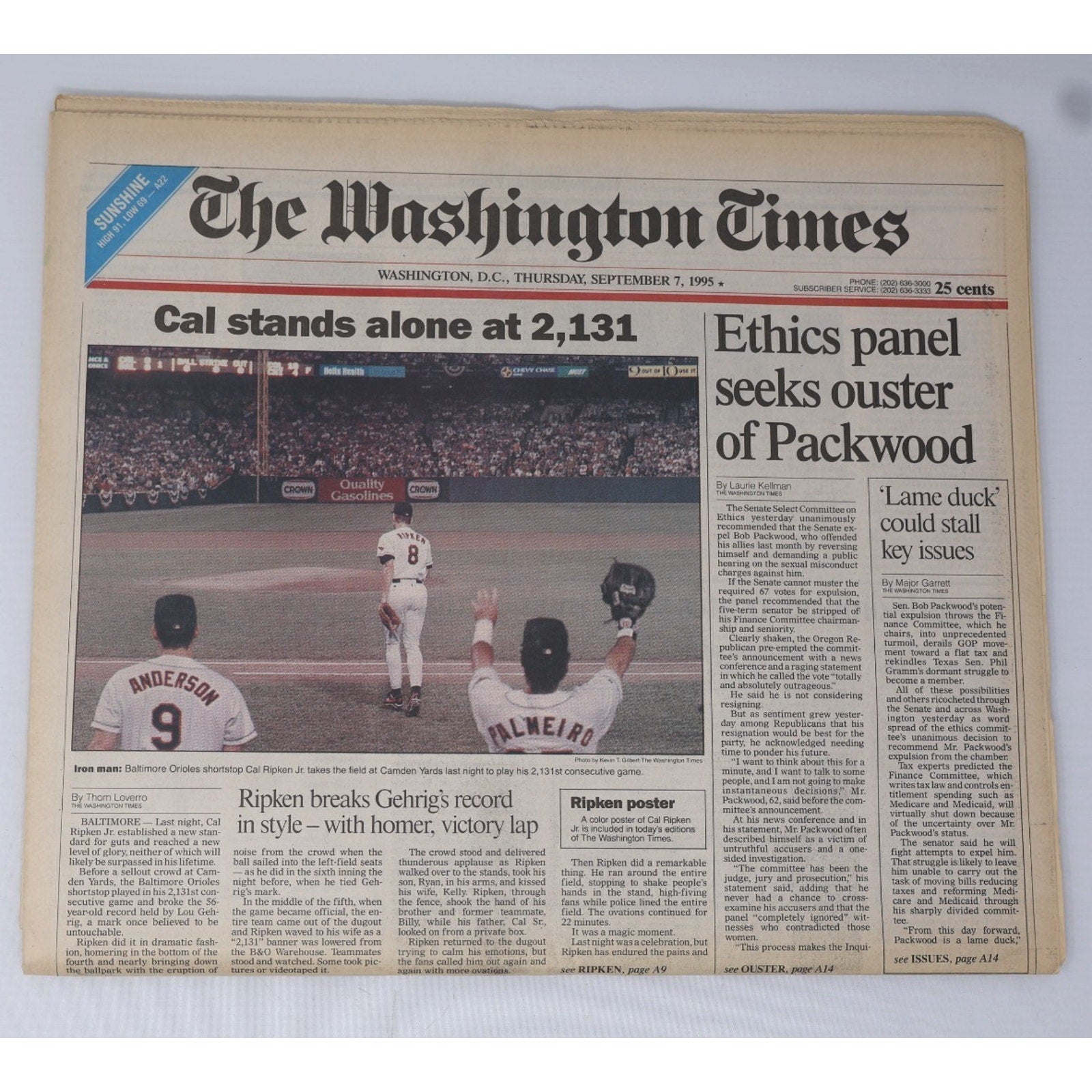 Front page newspaper covering Cal Ripken Jr tying Lou Gehrig’s consecutive games streak