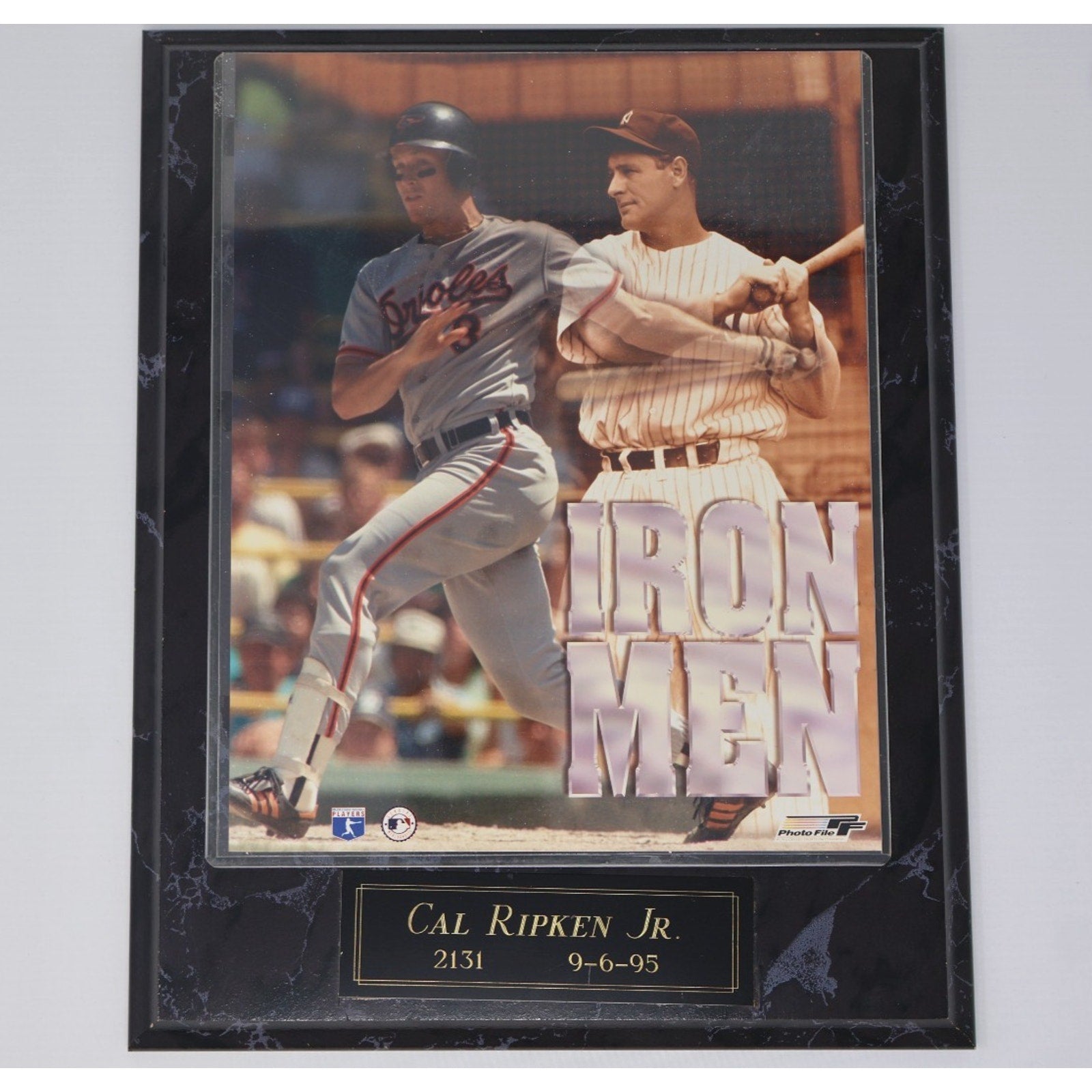 Cal Ripken Jr and Lou Gehrig Iron Men Baltimore Orioles wooden plaque featuring commemorative baseball photo display