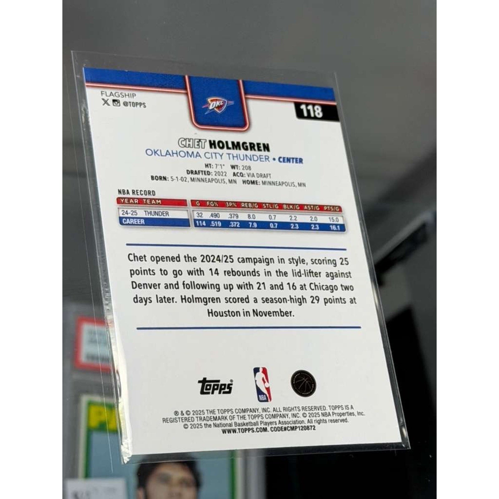 2024-25 Topps Flagship Chet Holmgren Copper Parallel #118 card back featuring player information and card details