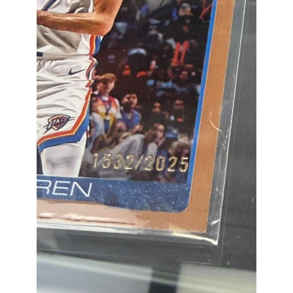 2024-25 Topps Flagship Chet Holmgren Copper Parallel basketball card side view showing serial numbering and copper foil finish