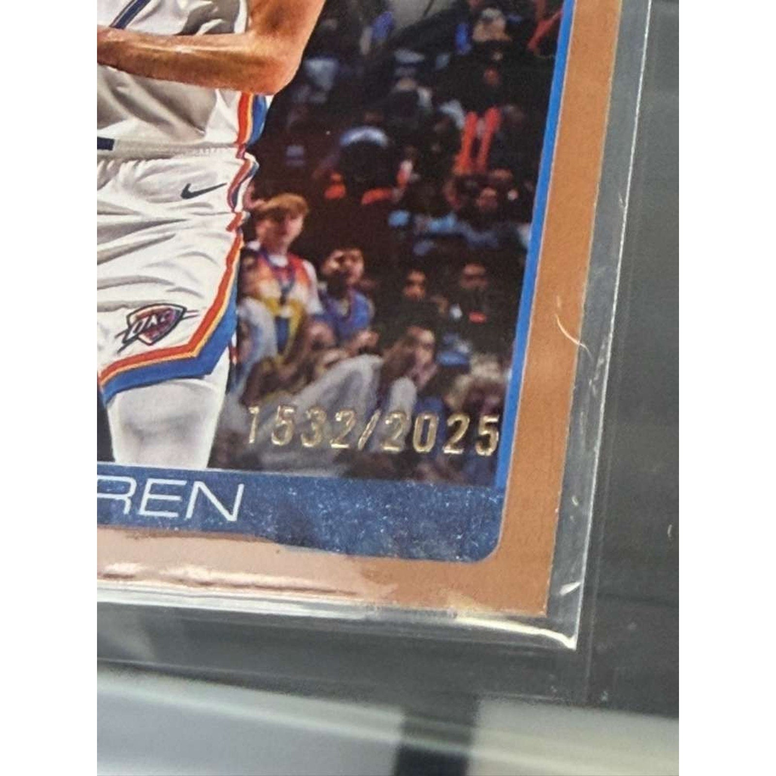 2024-25 Topps Flagship Chet Holmgren Copper Parallel basketball card side view showing serial numbering and copper foil finish