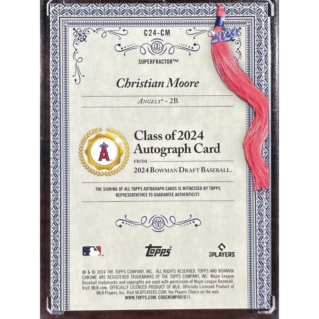 Back of Christian Moore 2024 Bowman Chrome Superfractor autograph card showing authentication details
