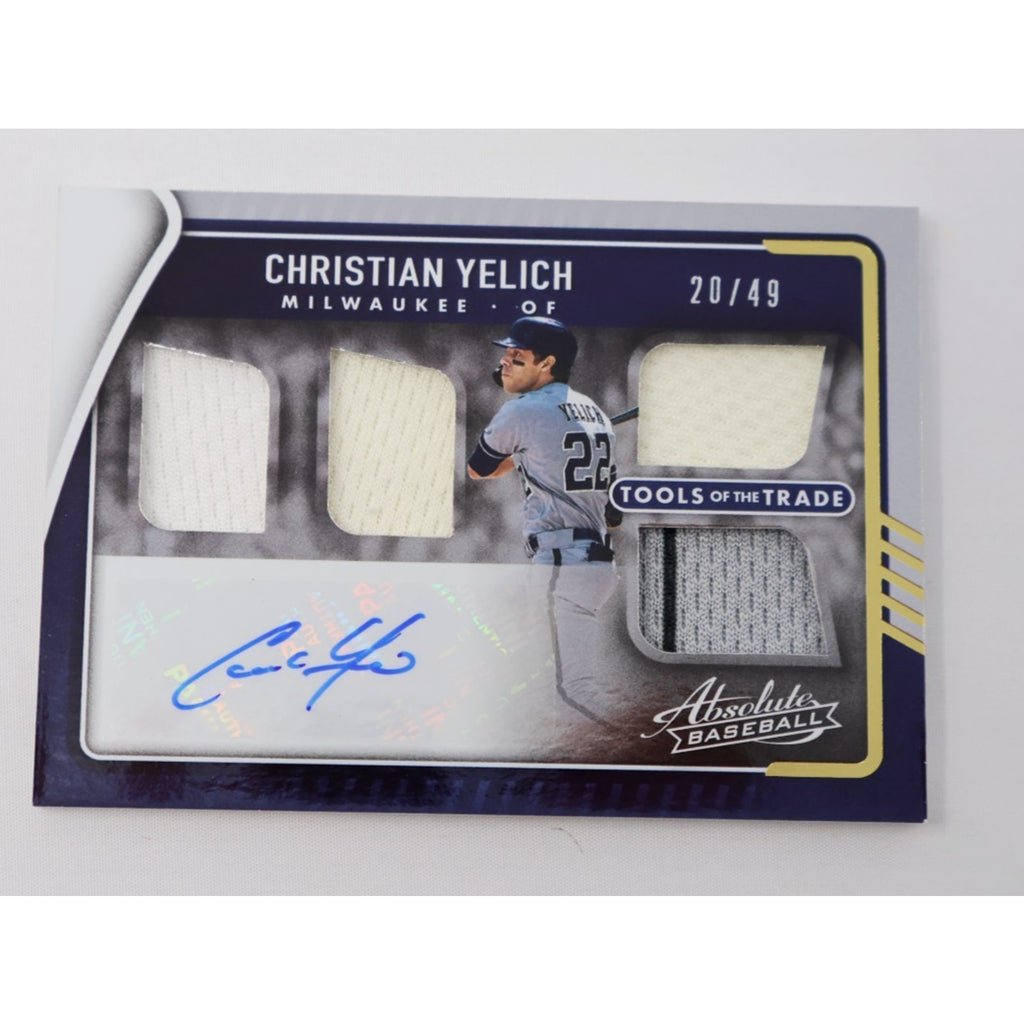 2022 Panini Absolute Christian Yelich Tools of the Trade autograph card with four jersey swatches numbered 49