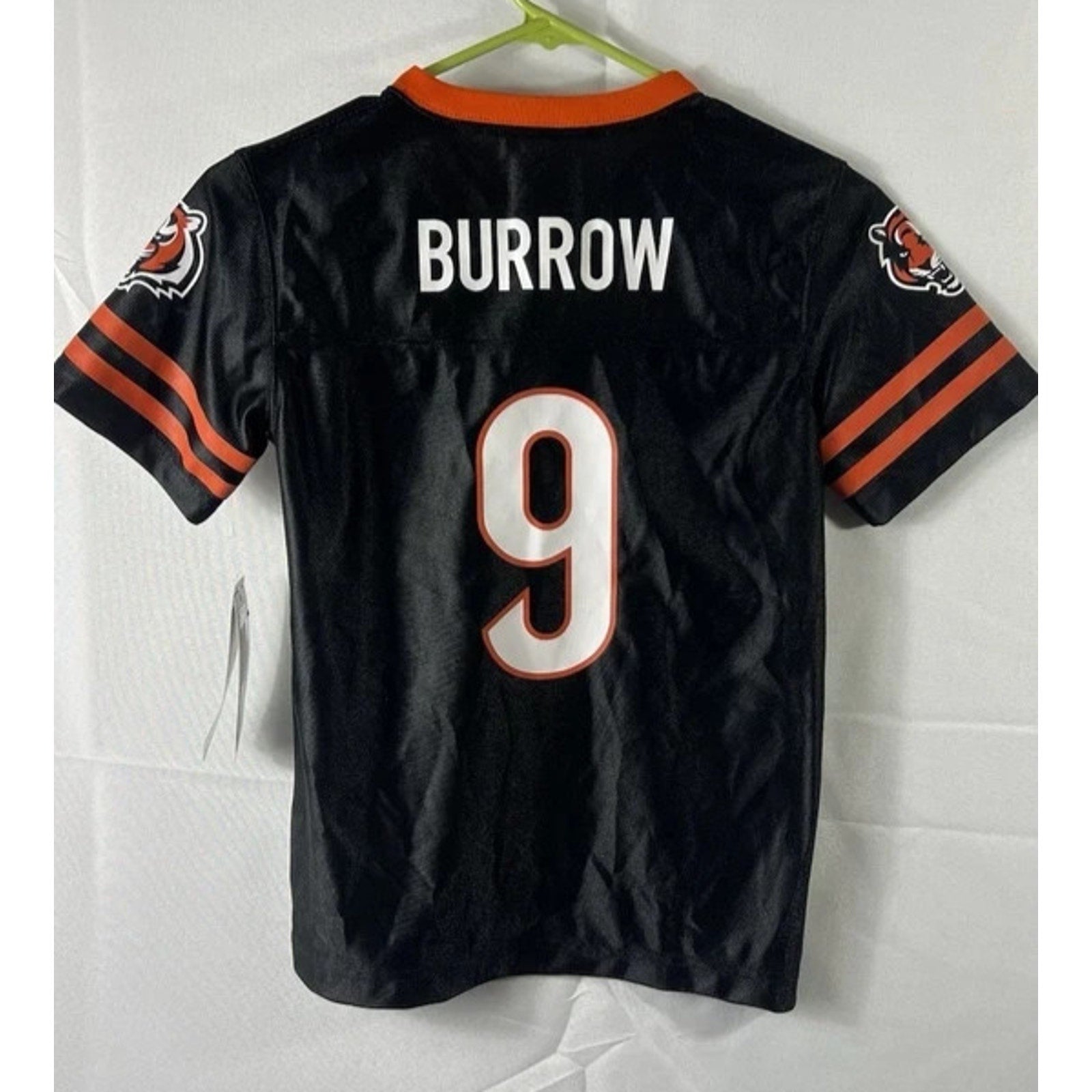 Back view of Joe Burrow Bengals kids jersey showing Burrow nameplate and number 9