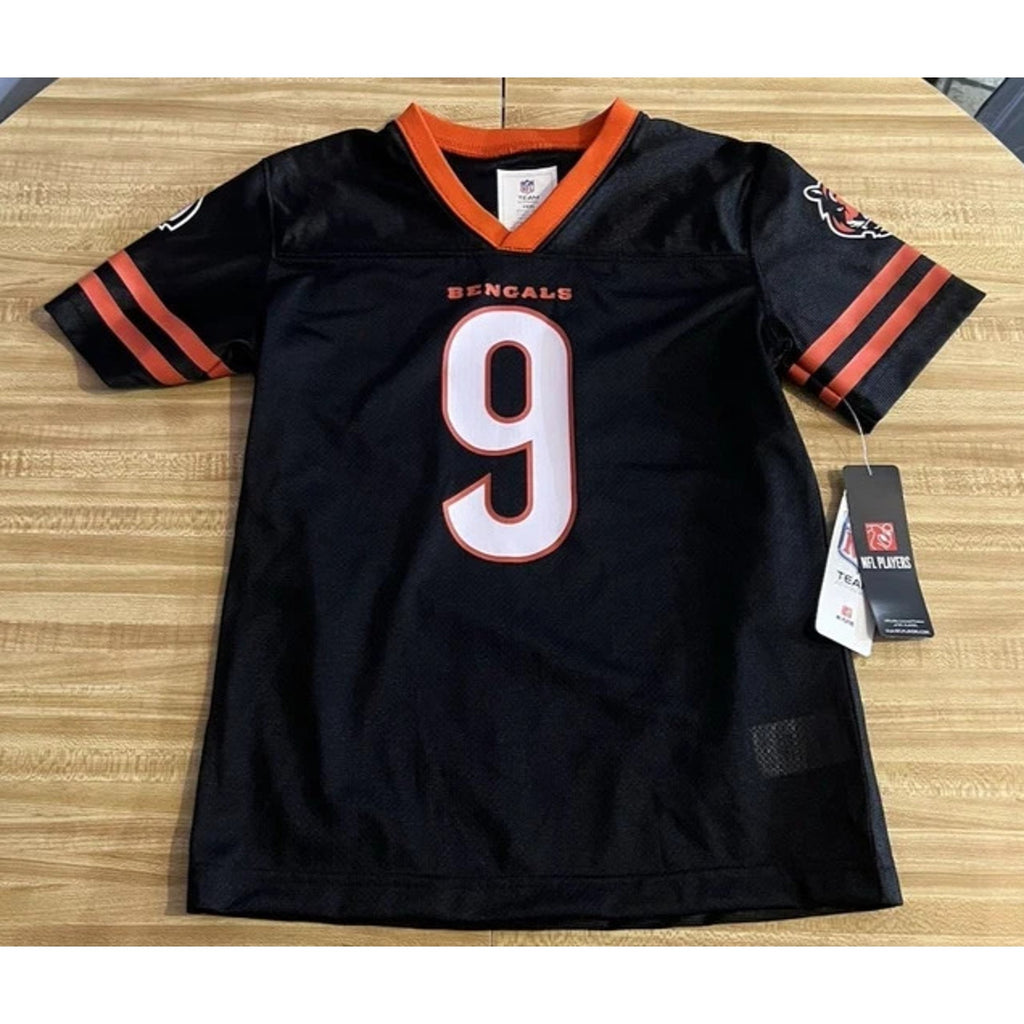 Front display of officially licensed Cincinnati Bengals youth jersey for Joe Burrow