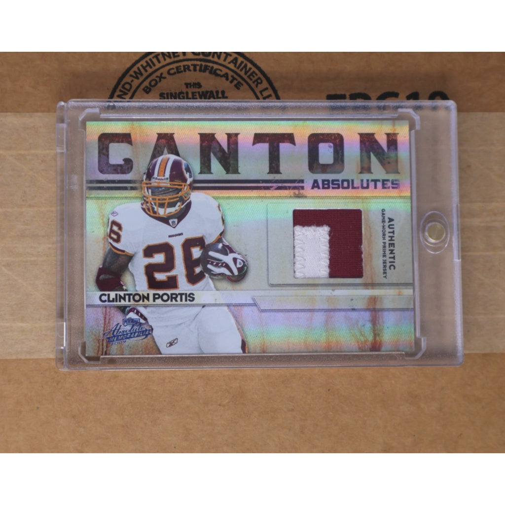 2009 Panini Absolute Clinton Portis Canton Absolutes game used jersey card numbered 17 of 50 featuring Washington Redskins memorabilia