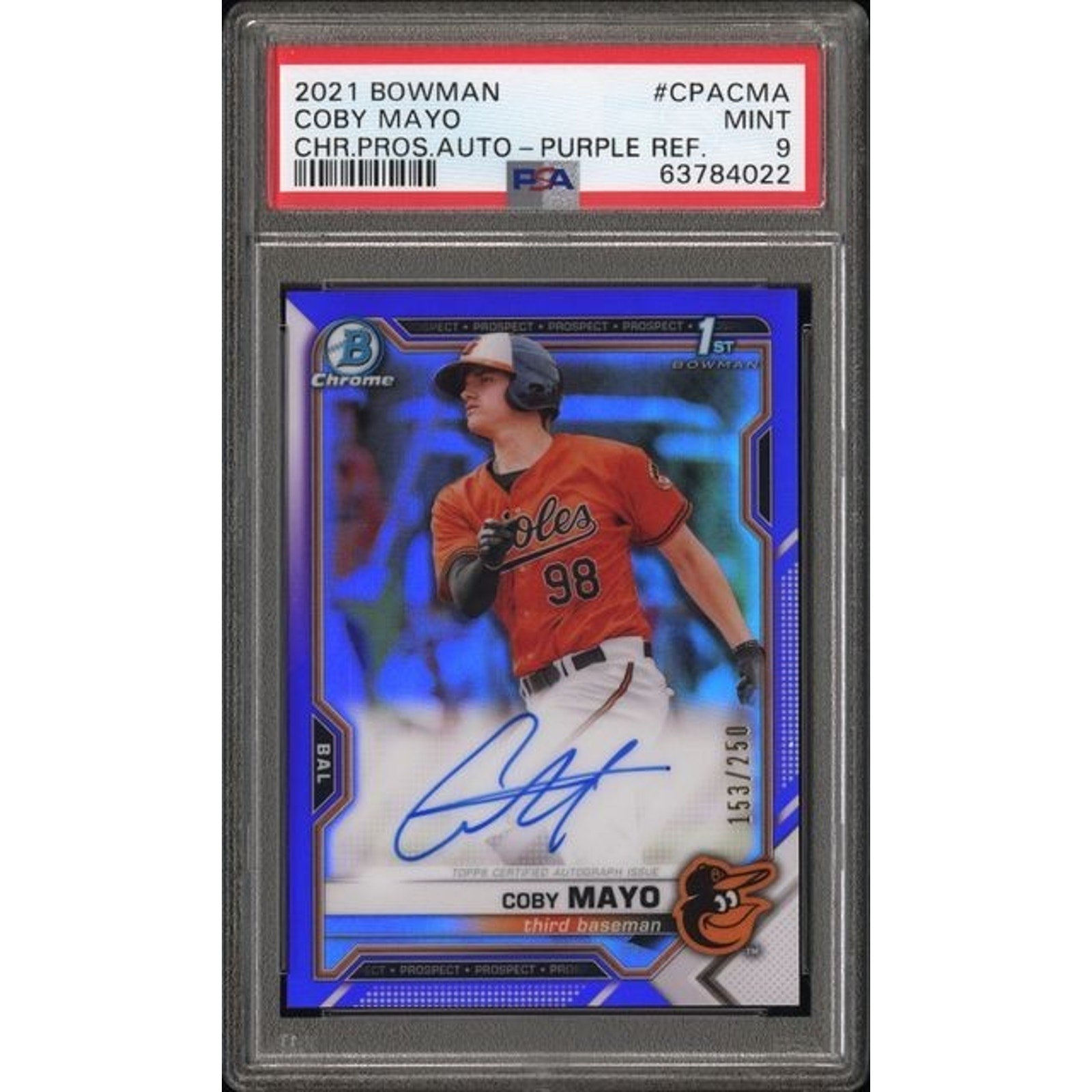 Coby Mayo 2021 Bowman Chrome 1st Purple Refractor Auto PSA 9 rookie card front view