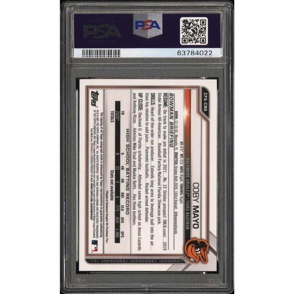 Back of Coby Mayo Bowman Chrome Purple Refractor autograph card showing PSA grading and details