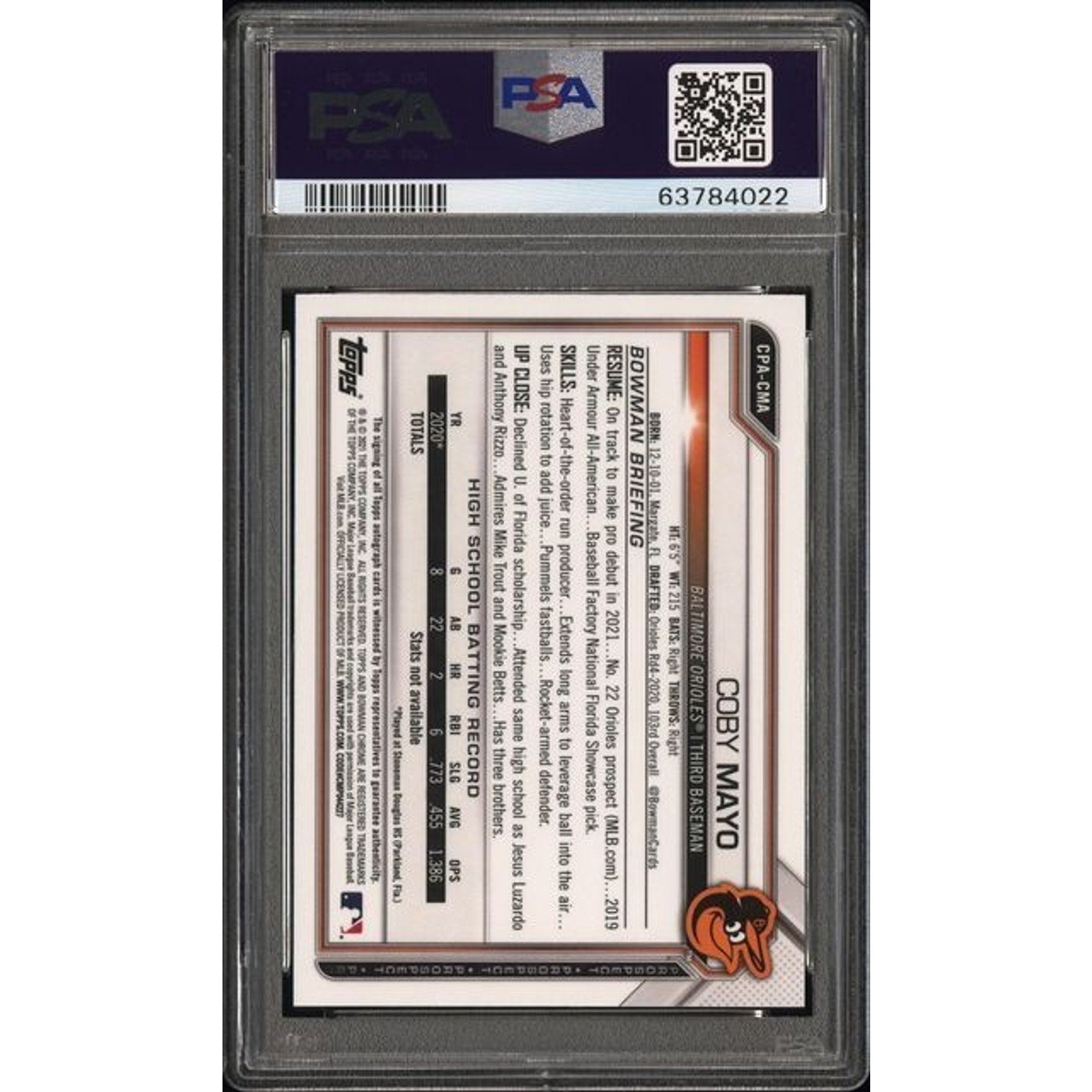 Back of Coby Mayo Bowman Chrome Purple Refractor autograph card showing PSA grading and details