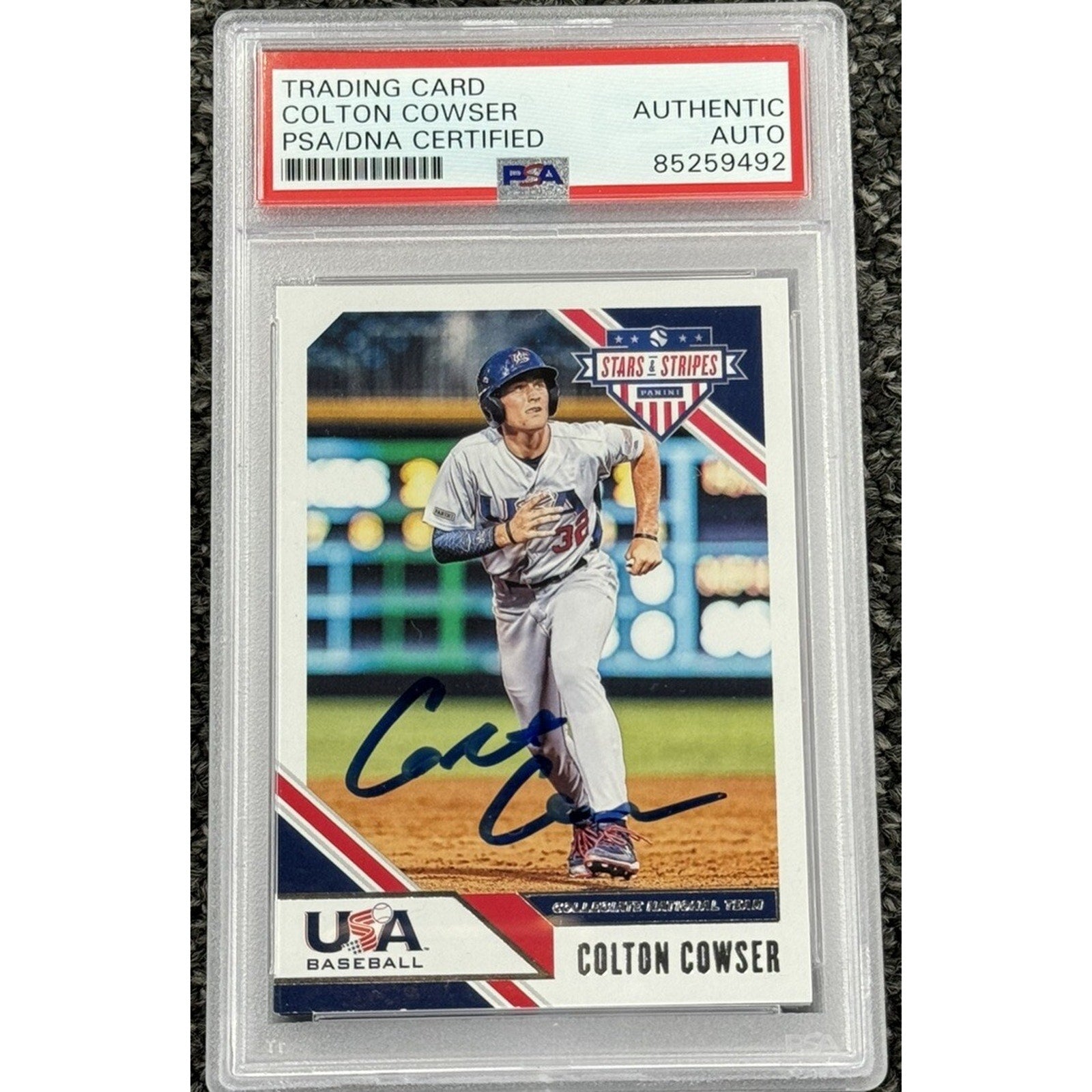 2020 Panini USA Baseball Collegiate Colton Cowser auto rookie card PSA DNA authenticated front view
