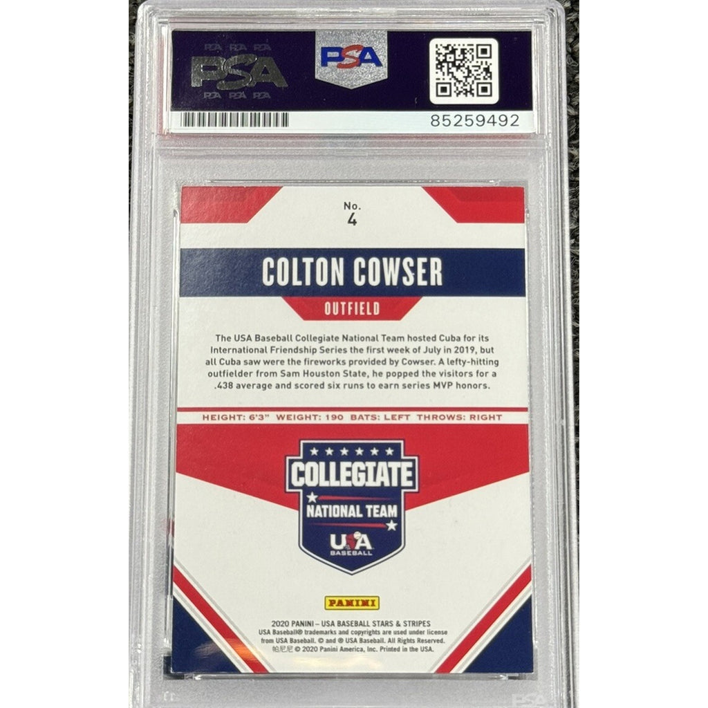 Back view of 2020 Panini Colton Cowser USA Baseball Collegiate autograph card PSA DNA authenticated